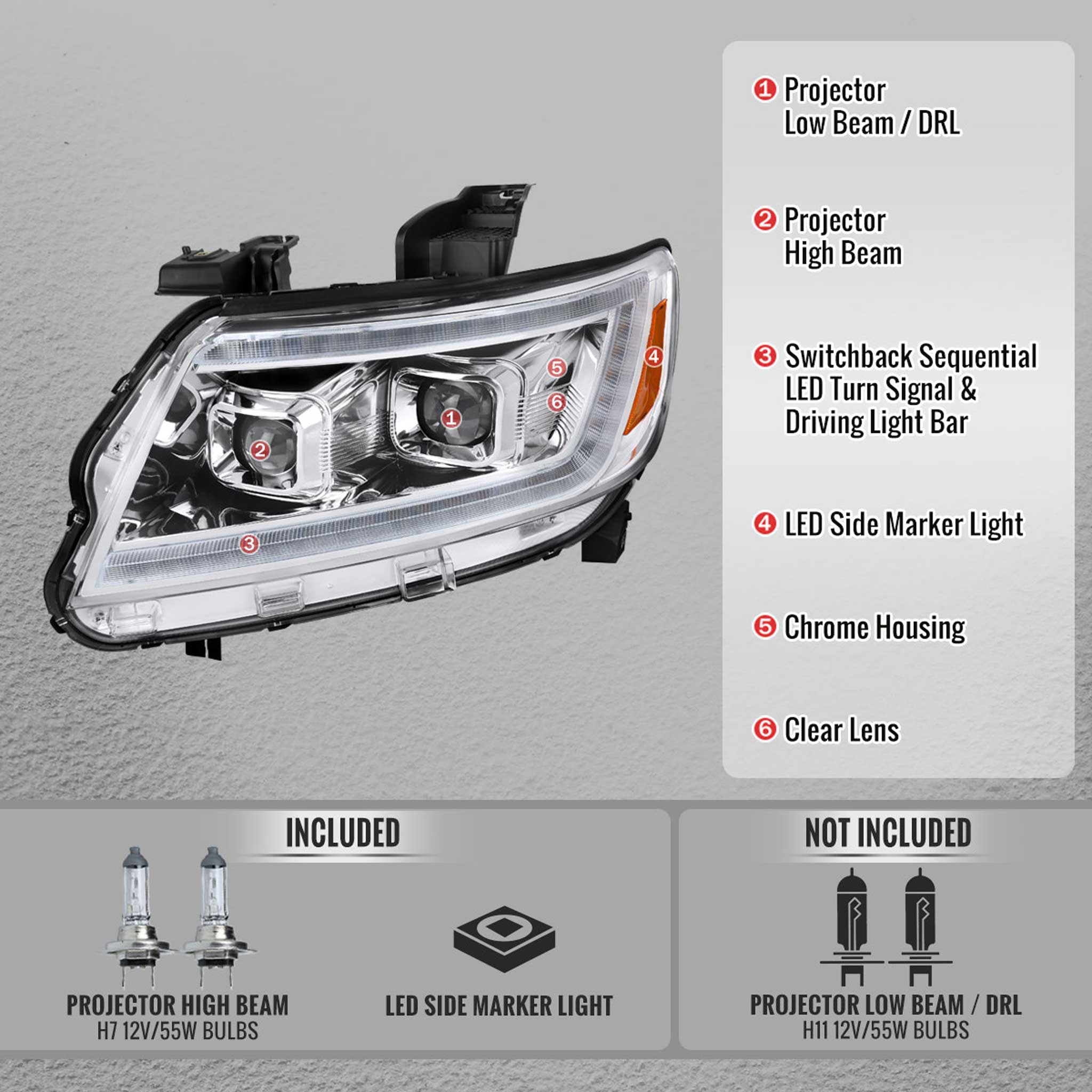 For Chevrolet Colorado 2015-2022 Headlights LED DRL Light Strip Turn Signal Side Marker Chrome Housing Clear Lens