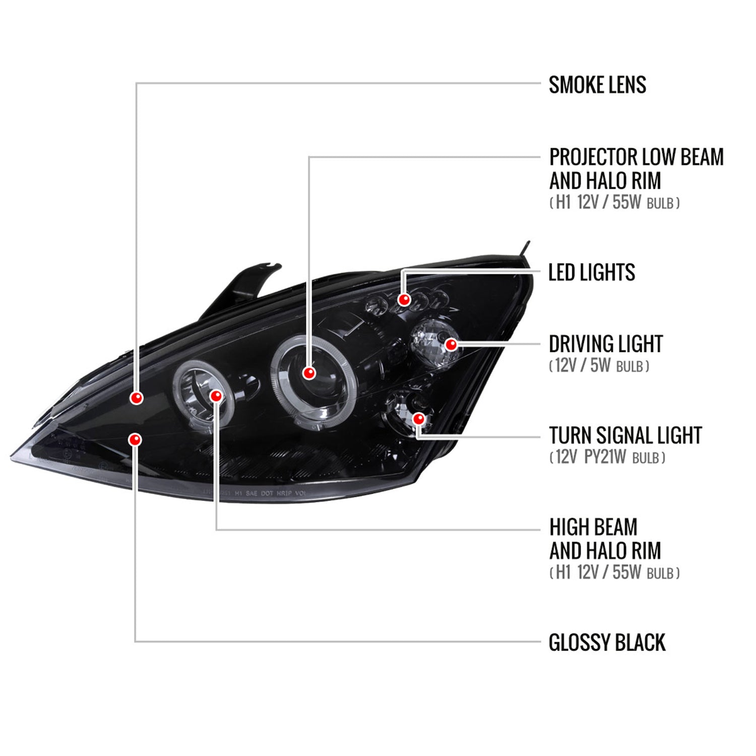 2000-2004 Ford Focus Dual Halo Projector Headlights Glossy Black/Smoke Lens