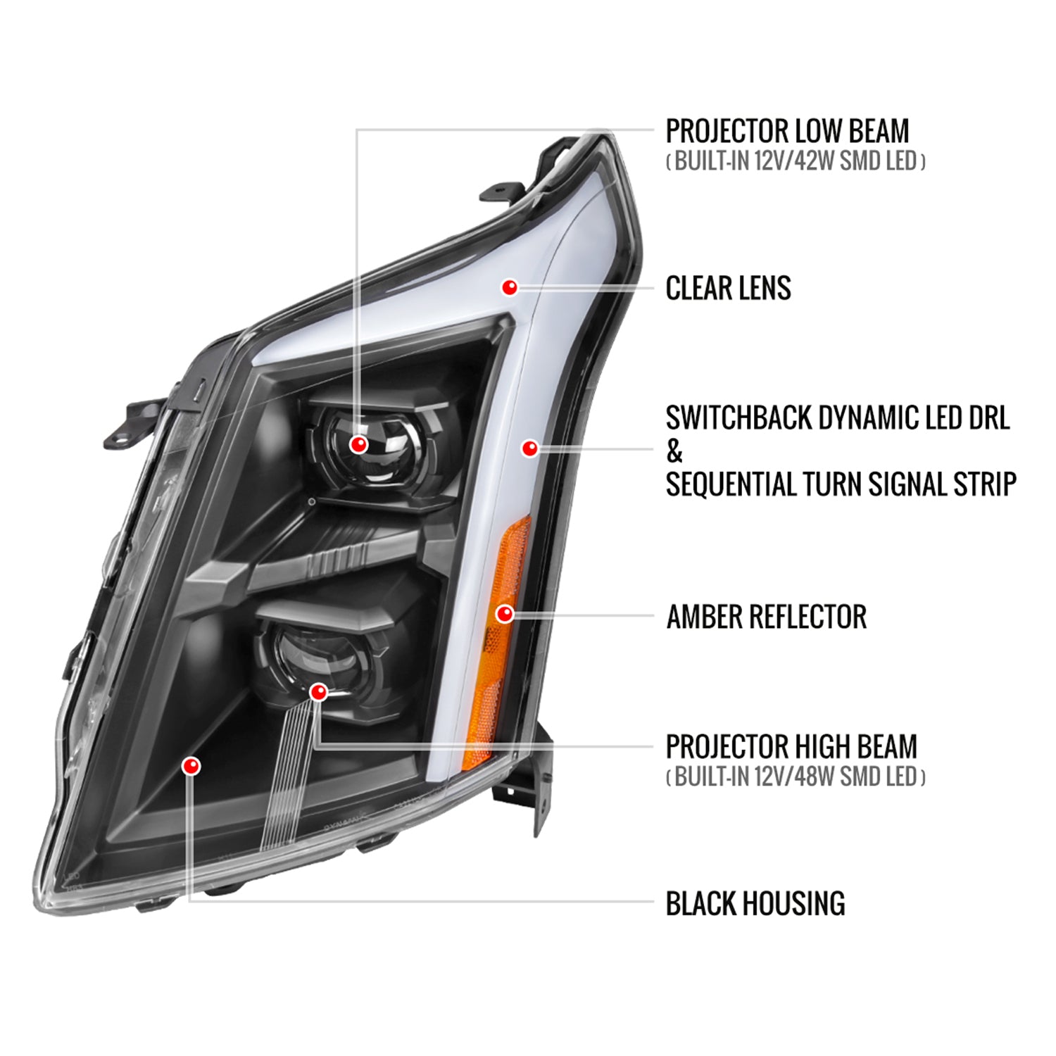 2010-2016 Cadillac SRX Full Sequential LED DRL Projector Headlights Matt Black