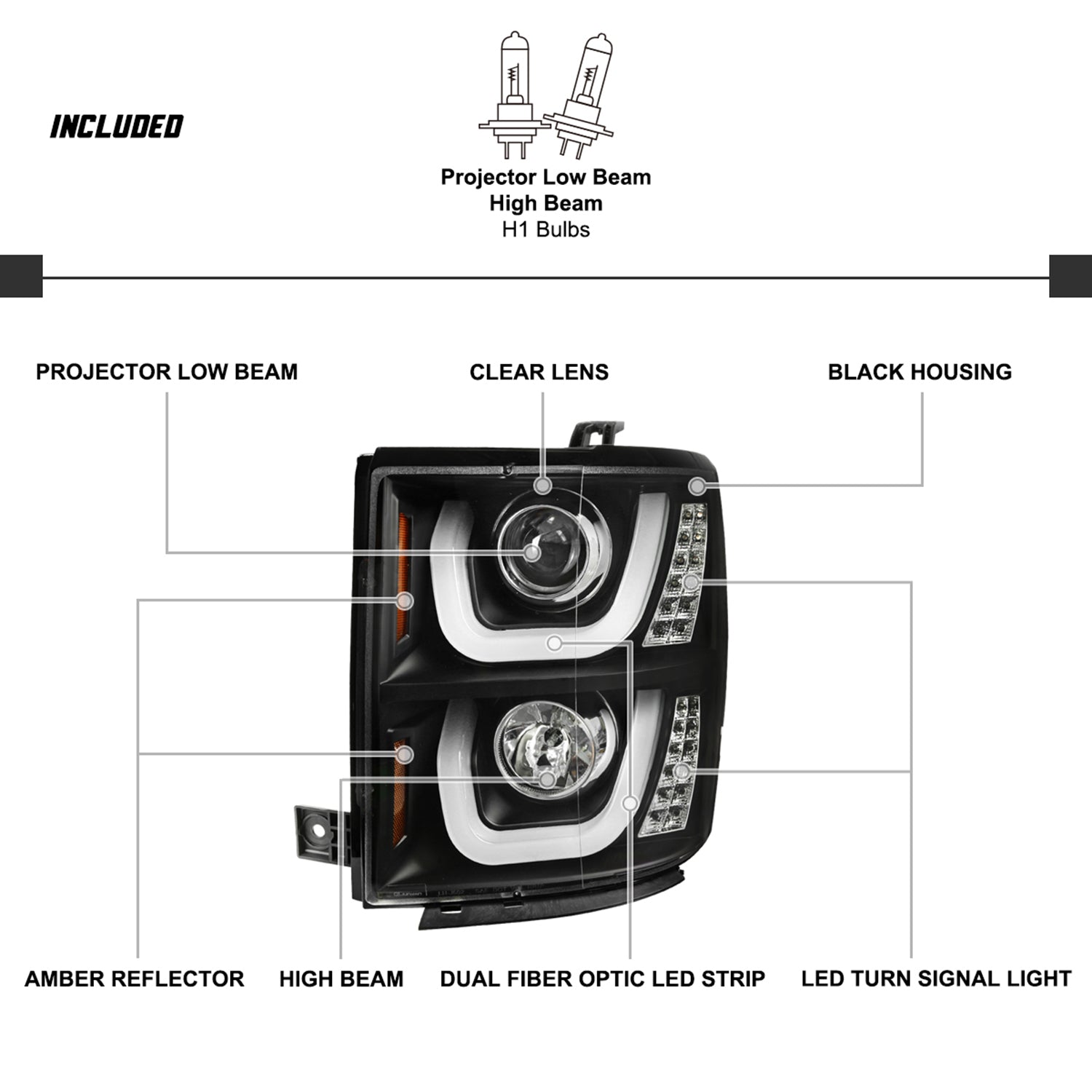 2014-2015 Chevy Silverado 1500 LED U-Bar Headlights LED Signal Lights Black