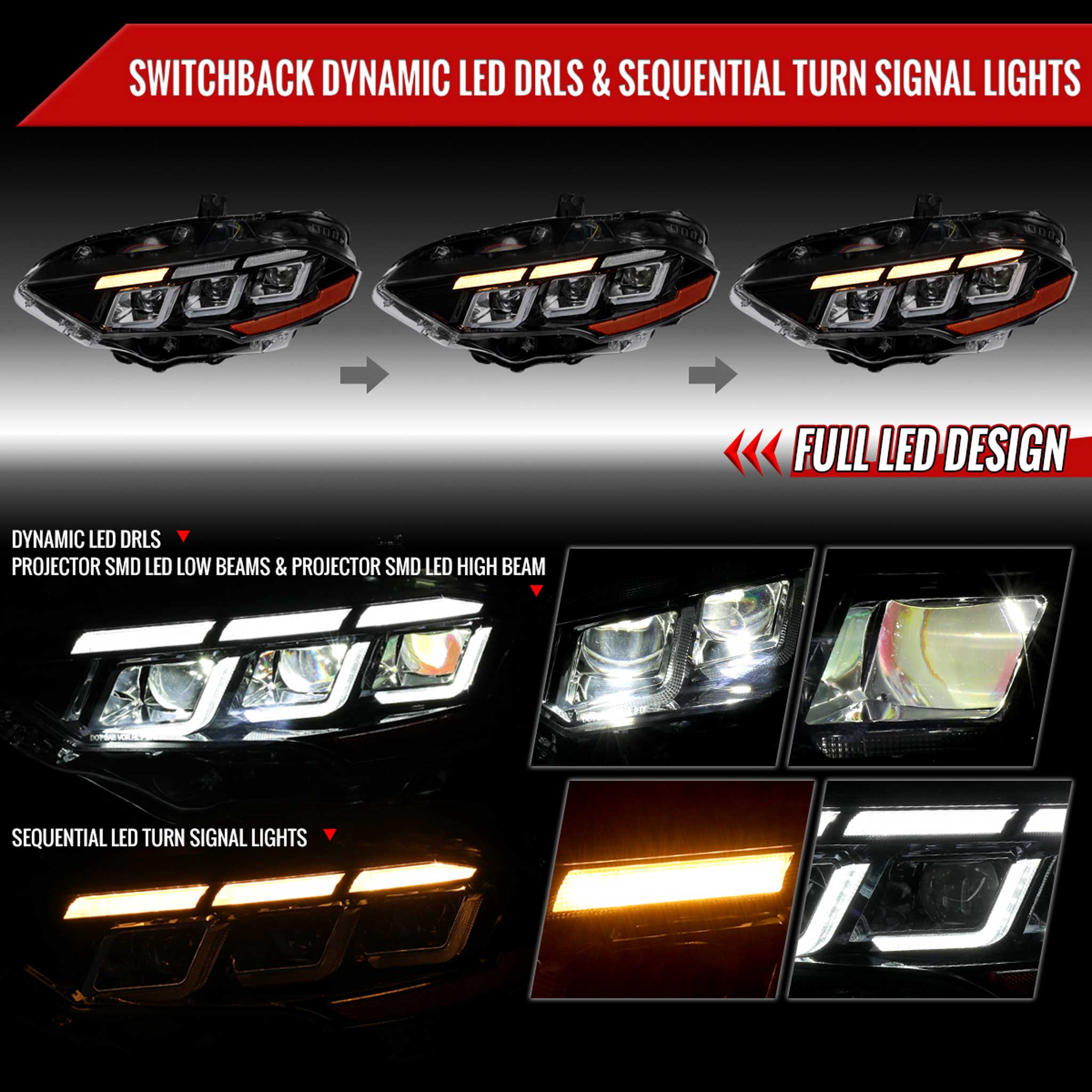 For Ford Mustang 2018-2023 Full LED Projector Headlights Sequential Start Up Black Housing Clear Lens
