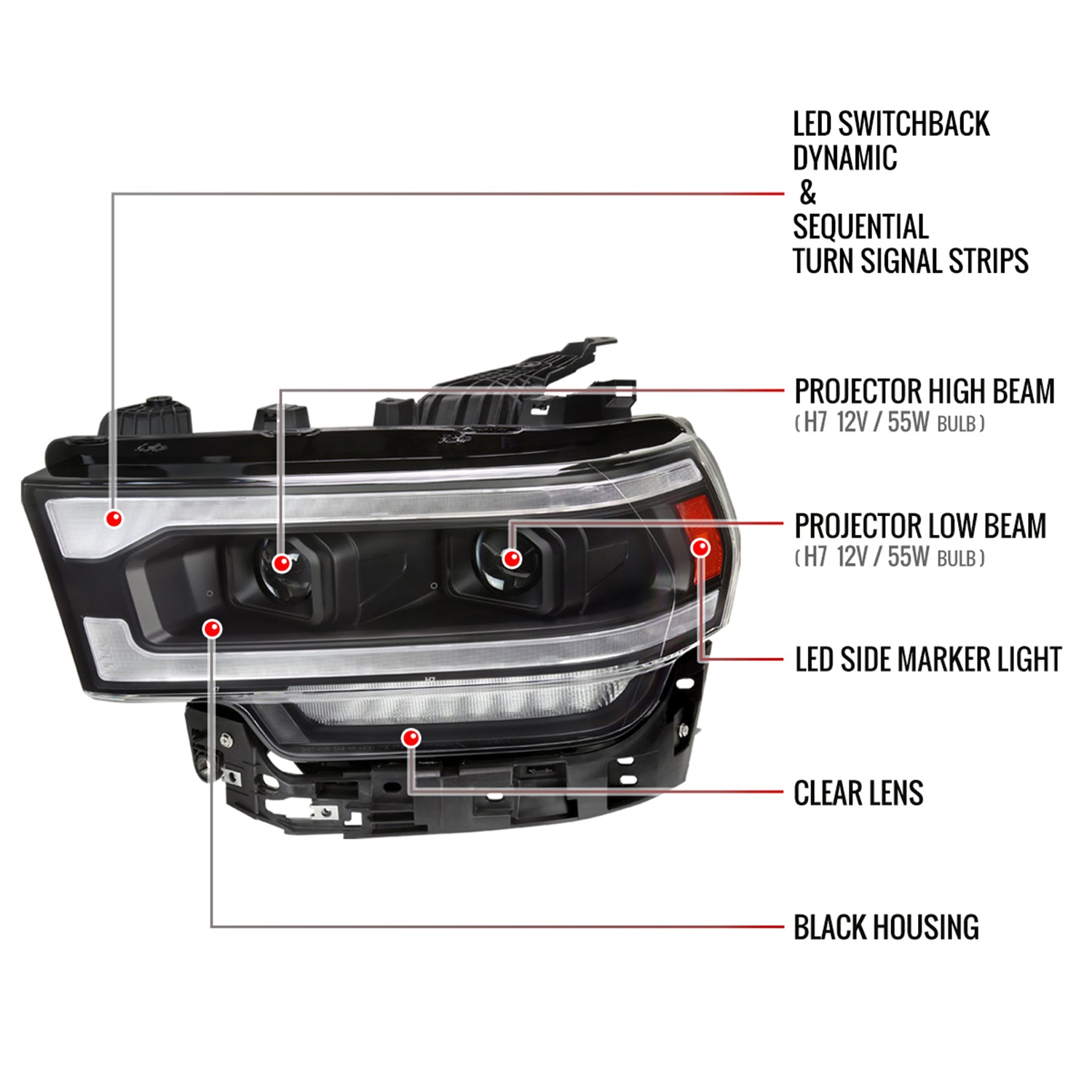 2019-2024 Dodge RAM 2500/3500/4500/5500 LED Signal Projector Headlights Black