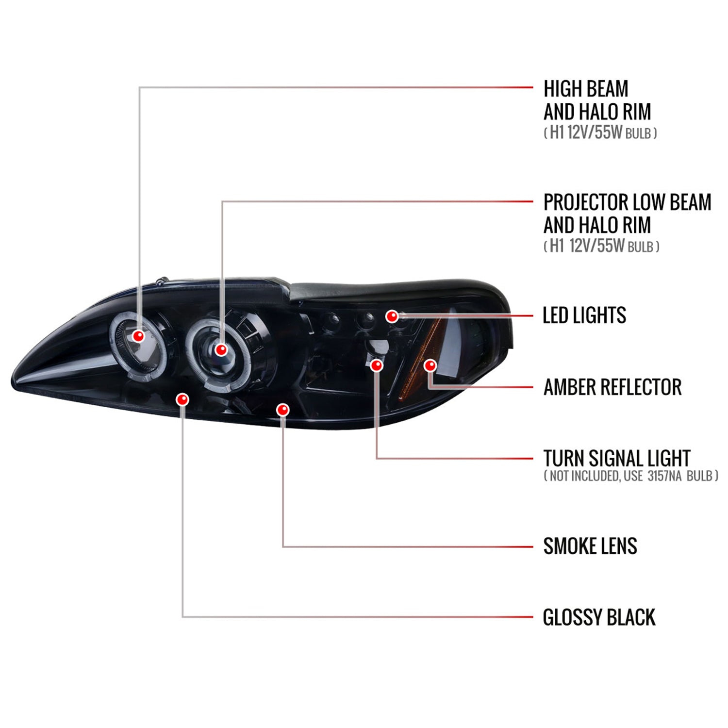 1994-1998 Ford Mustang Dual Halo V2 Projector Headlights Glossy Black/Smoke