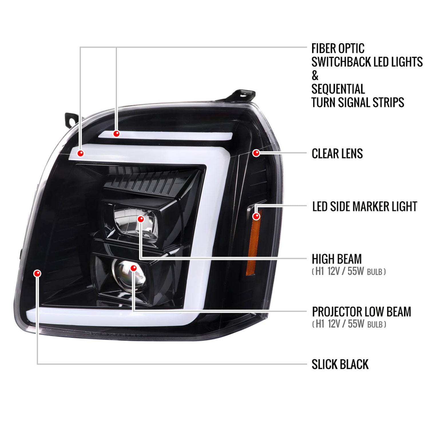 2007-2014 GMC Yukon/XL 1500/XL 2500 LED Signal Projector Headlights Jet Black