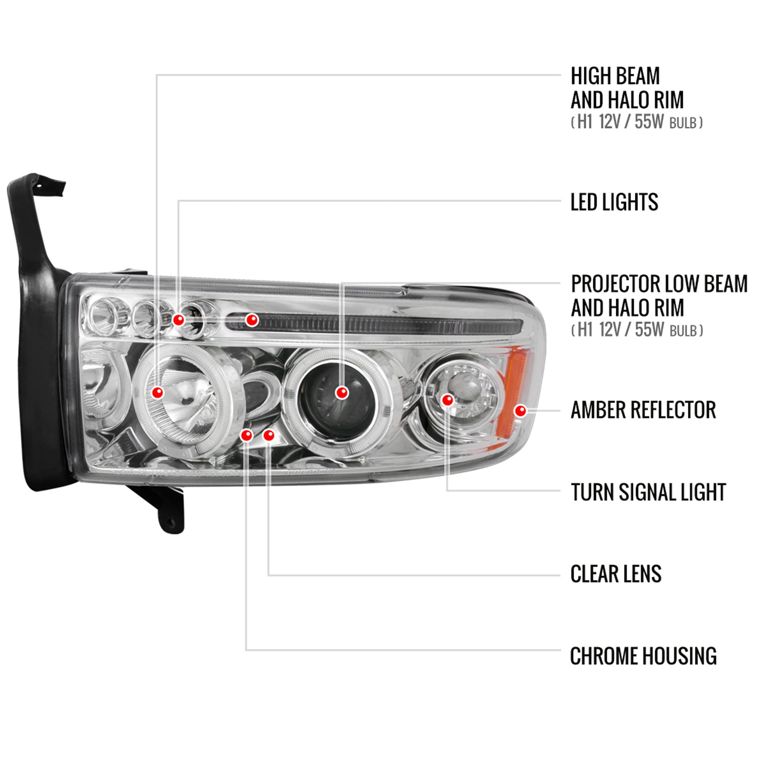 1994-2001 Dodge RAM 1500 2500 3500 Dual Halo Projector Headlights Chrome/Clear