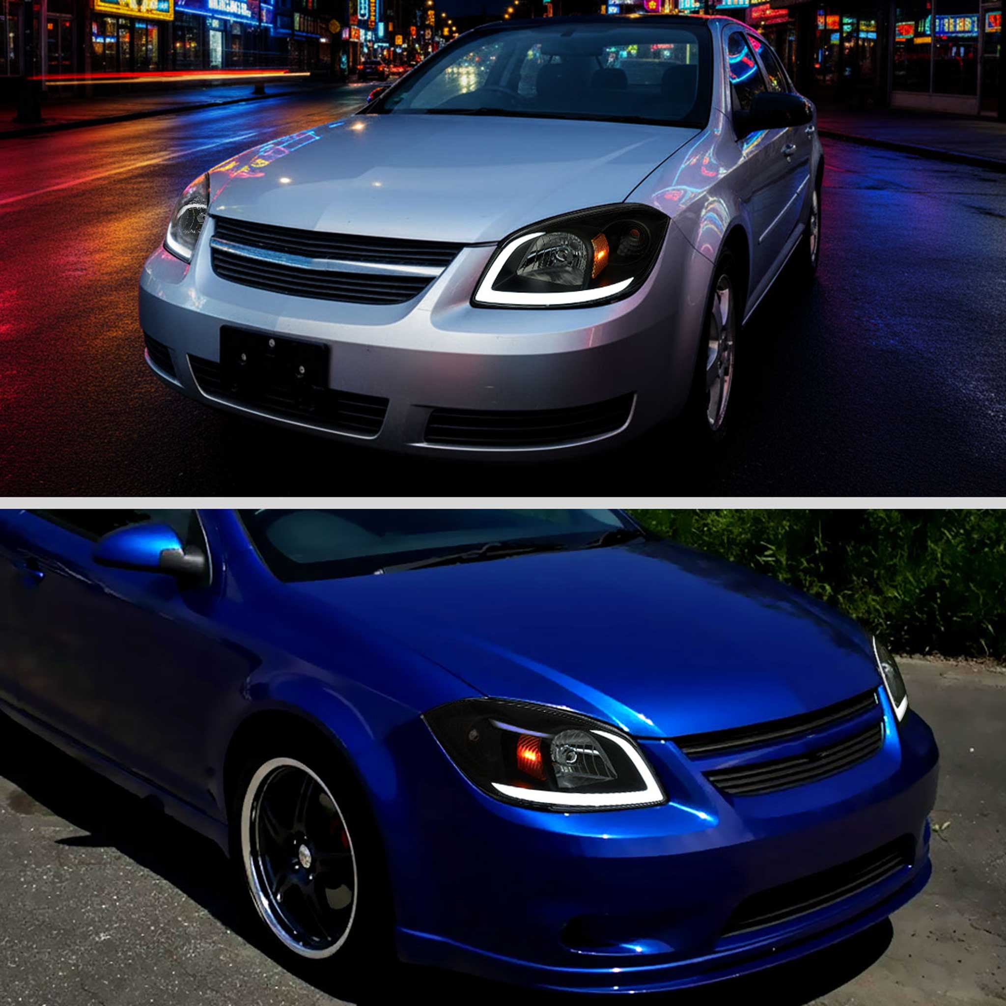 For Chevrolet Cobalt / Pontiac G5 2005-2010 Factory Style Headlights With LED DRL Light Strip Black Housing Smoked Lens