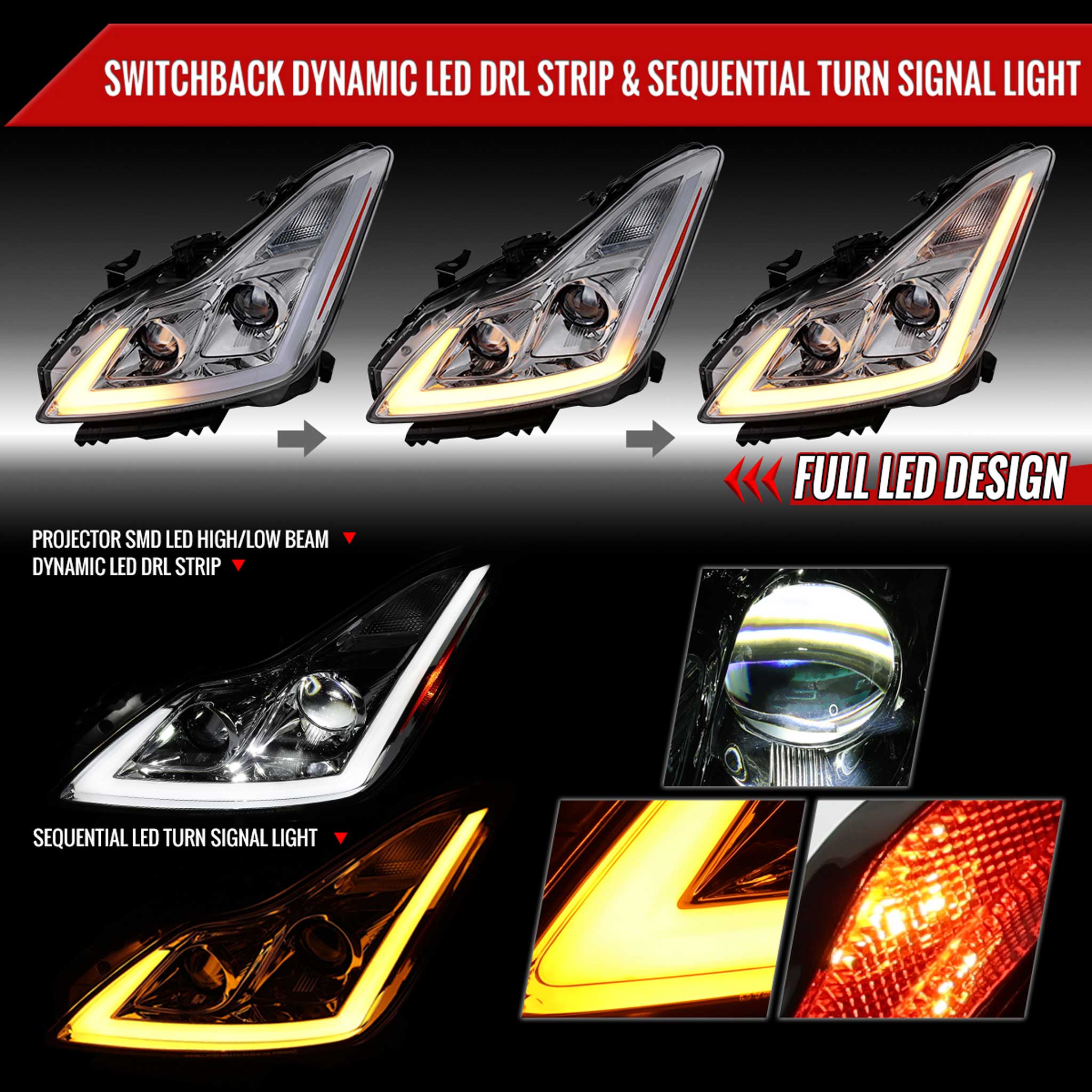 For Infiniti G37 2008-13 / Q60 Coupe 2014-15 LED Projector Headlights Sequential Chrome Housing Clear Lens Switchback