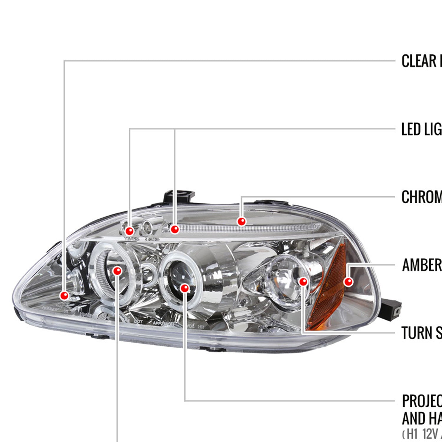 1996-1998 Honda Civic Dual Halo Projector Headlights Chrome/Clear Lens