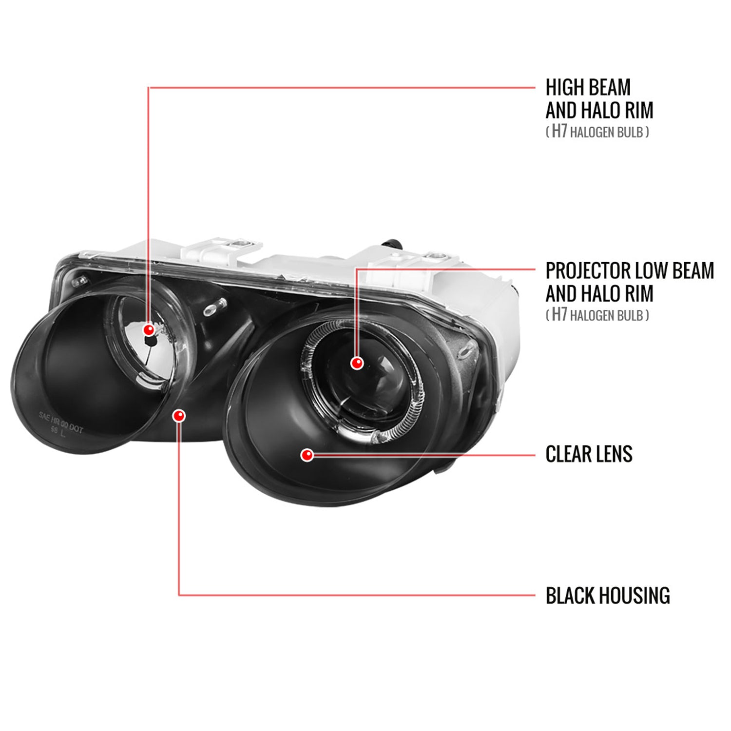 1998-2001 Acura Integra 3/4DR Dual Halo Projector Headlights Matt Black/Clear