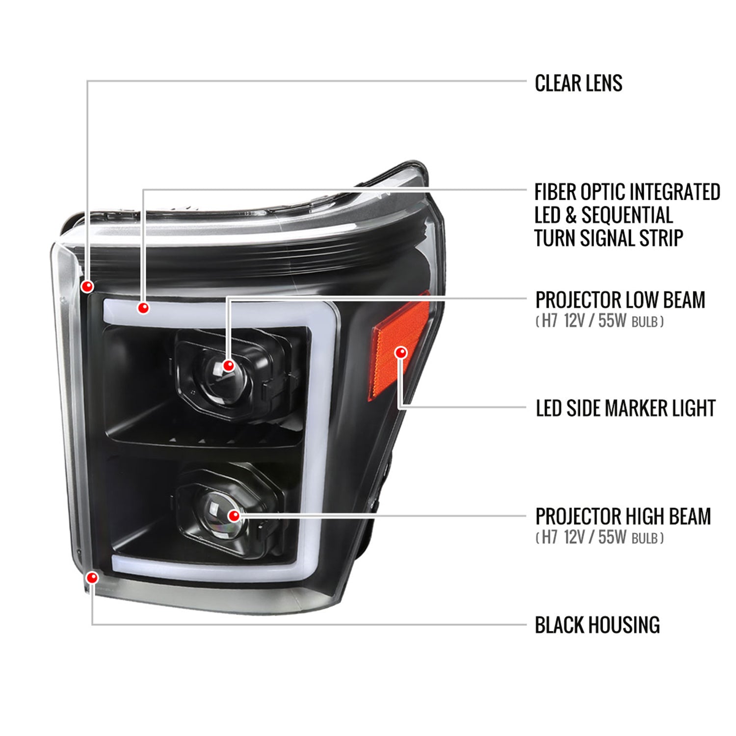 2011-2016 Ford F-250 F-350 F-450 F-550 LED CBar Projector Headlights Black