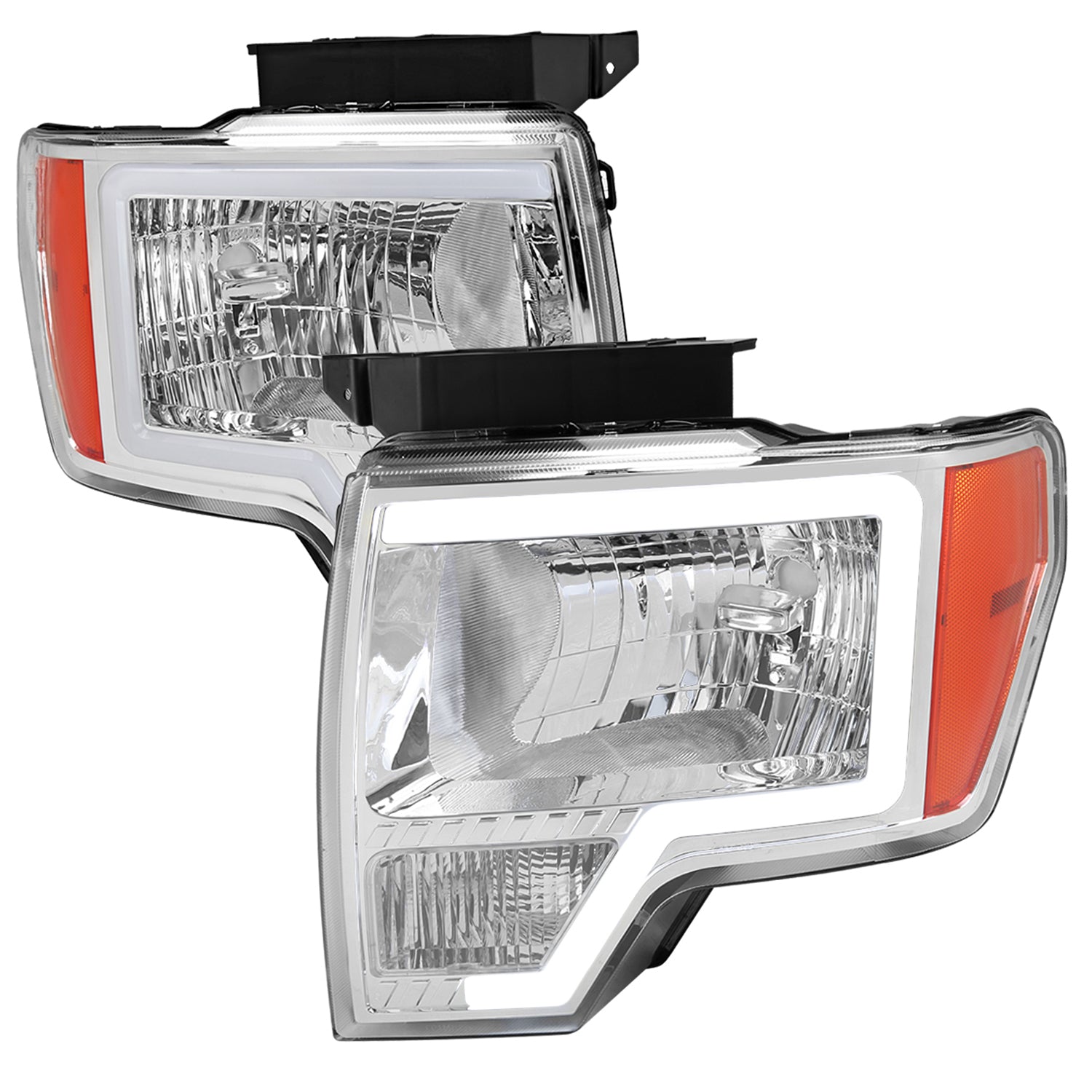 2009-2014 Ford F-150 LED Bar Factory Headlights Amber Reflectors Chrome