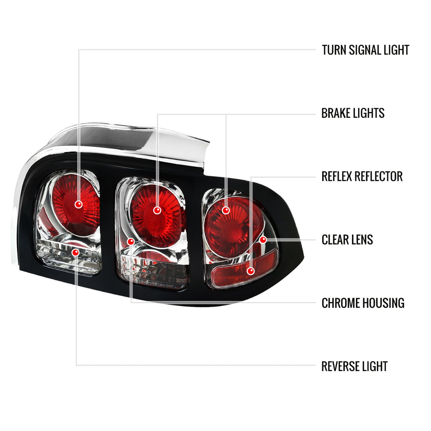 1994-1998 Ford Mustang Tail Lights Chrome Housing/Clear Lens