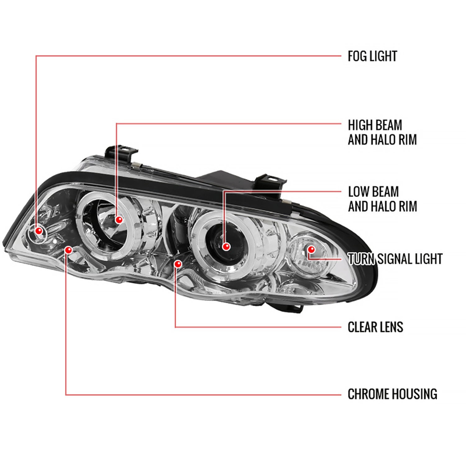 1999-2001 BMW E46 3 Series Sedan Dual Halo Projector Headlights Chrome/Clear
