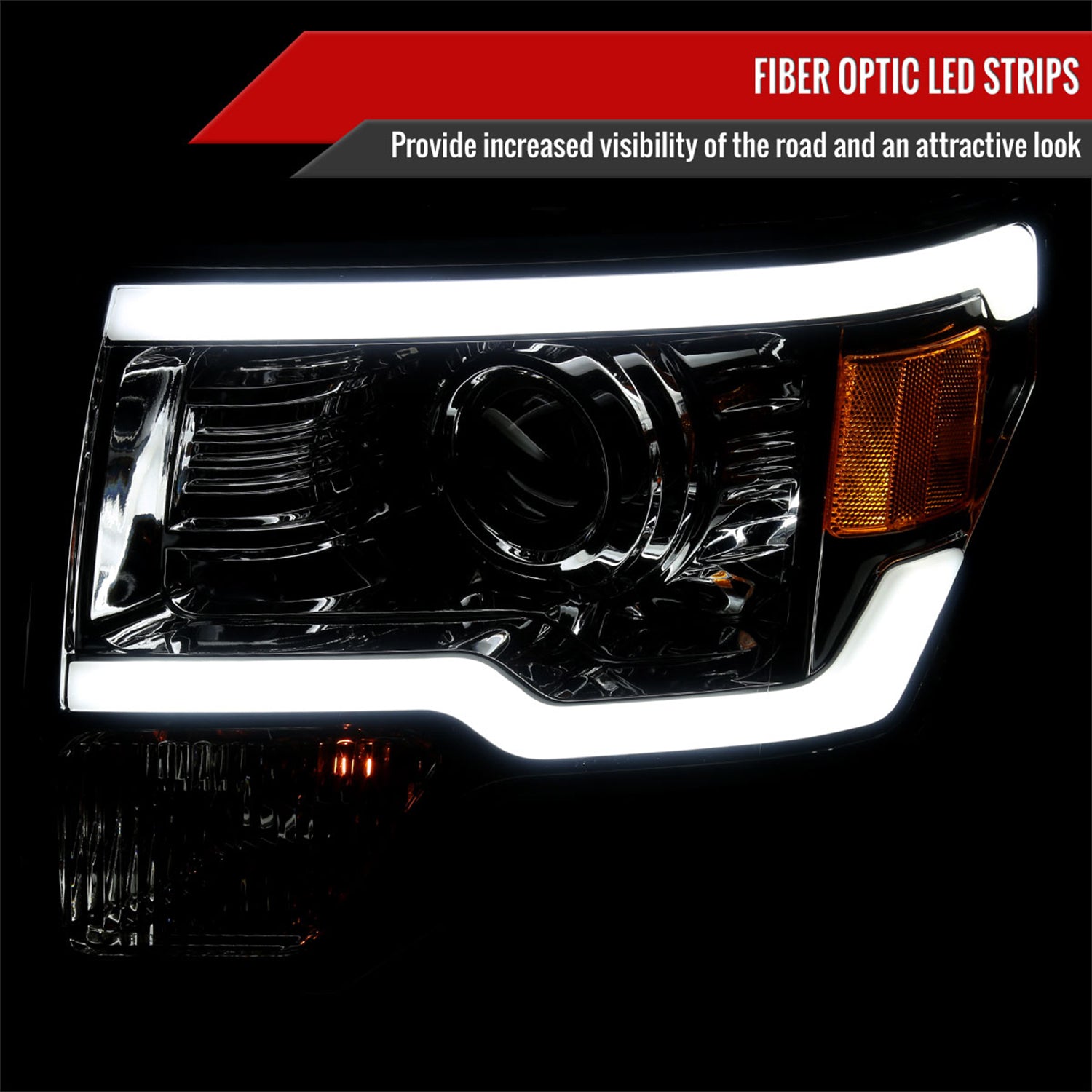 2009-2014 Ford F-150 LED Strip Projector Headlights Chrome/Smoke Lens