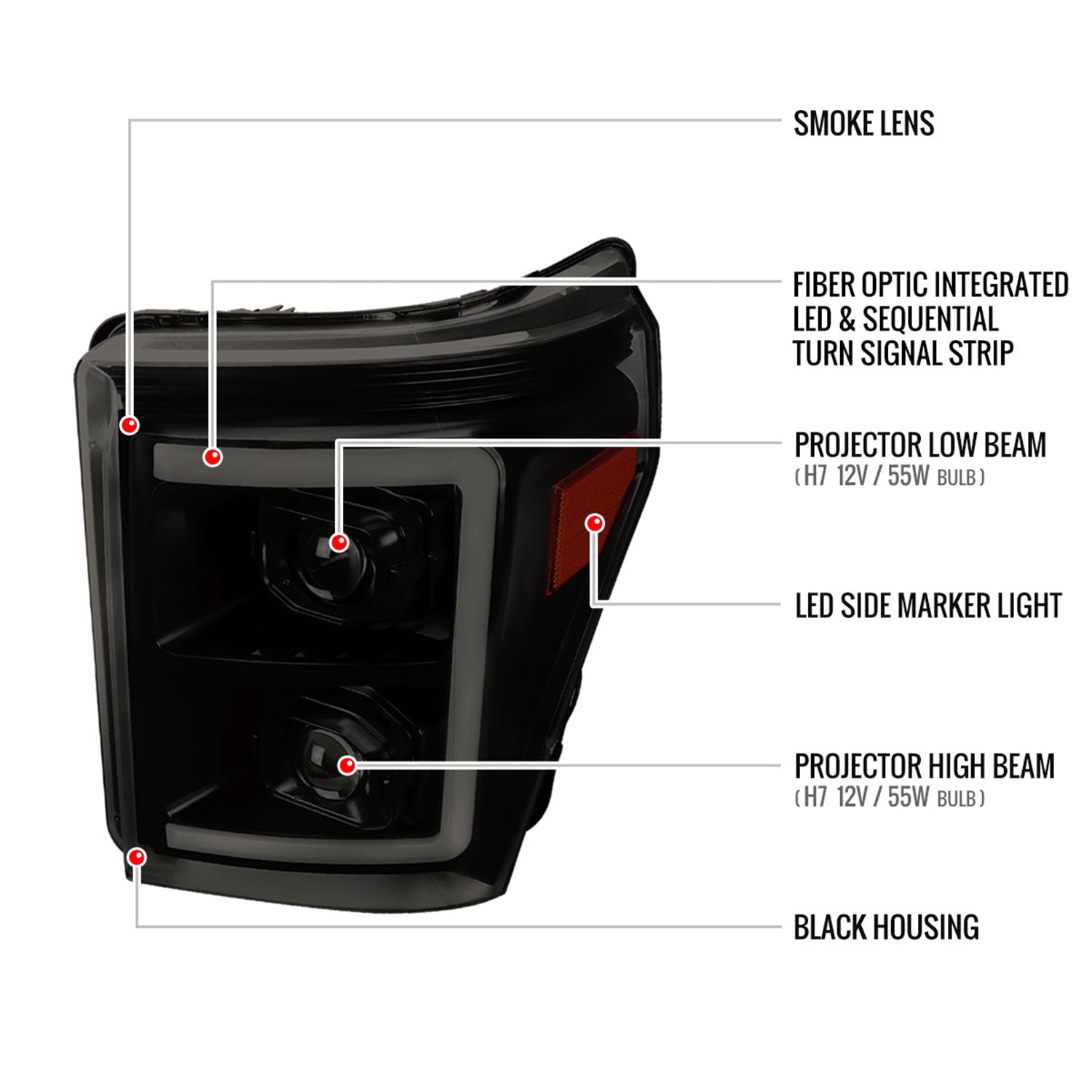 2011-2016 Ford F-250 F-350 F-450 F-550 LED CBar Projector Headlights Smoke