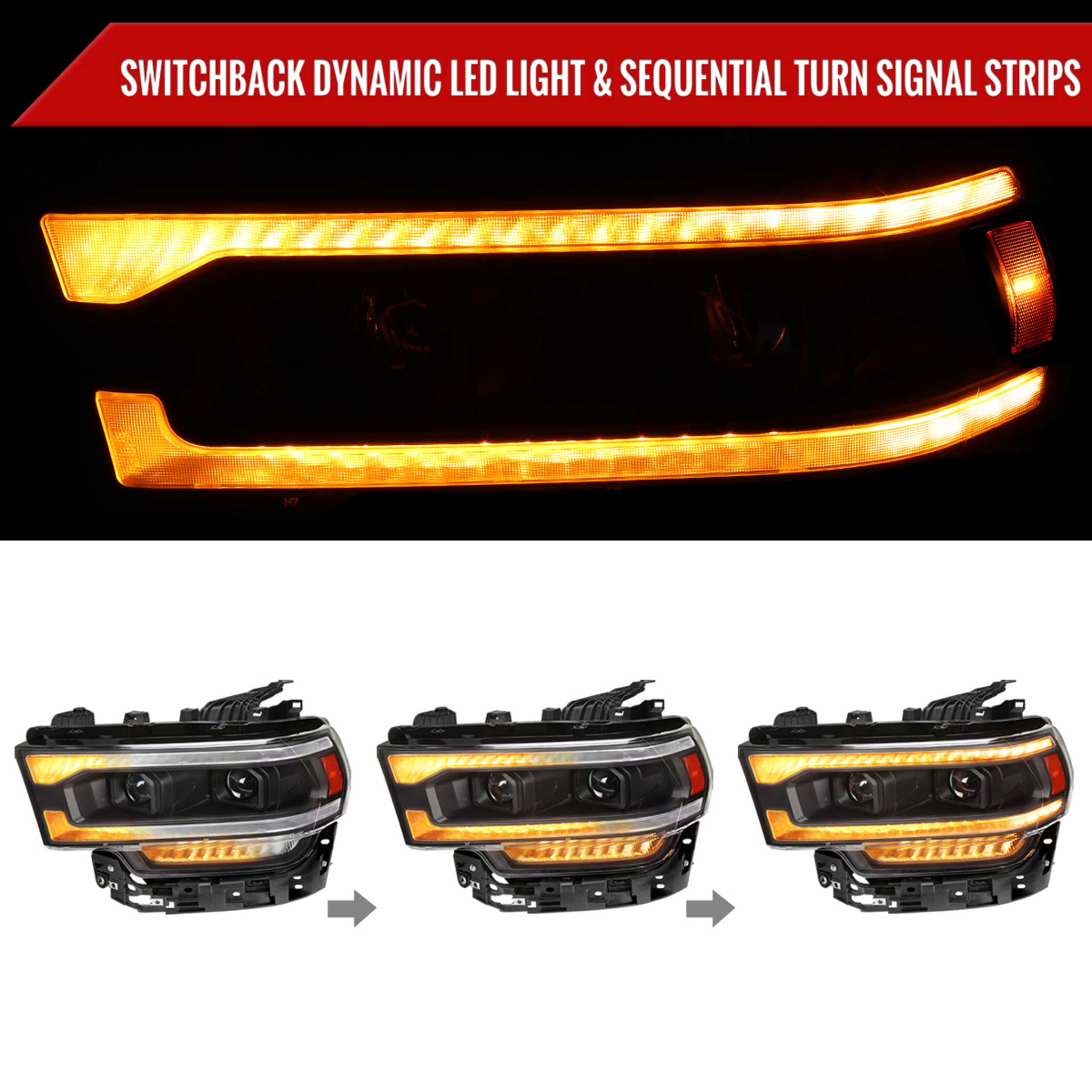 For Dodge RAM 2500 3500 5000 5500 2019-2024 Switchback LED Turn Signal Projector Headlights Matte Black Housing Clear Lens