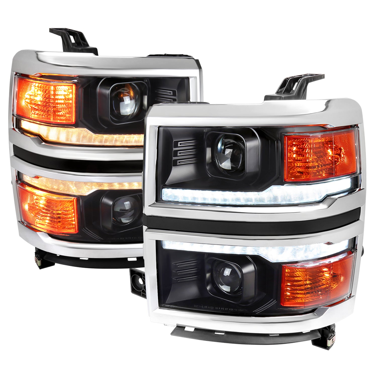 2014-2015 Chevy Silverado 1500 LED Bar Projector Headlights Black/Chrome Trim