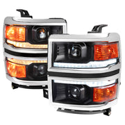 2014-2015 Chevy Silverado 1500 LED Bar Projector Headlights Black/Chrome Trim
