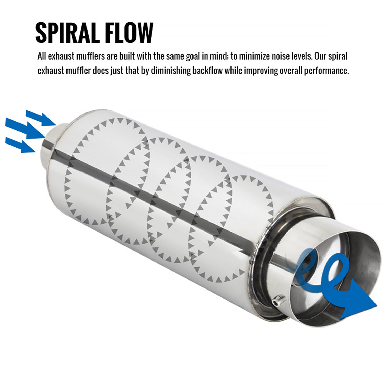 Universal 3" Inlet/4" Outlet S.Steel Spiral Flow Exhaust Muffler w/ Slanted Tip