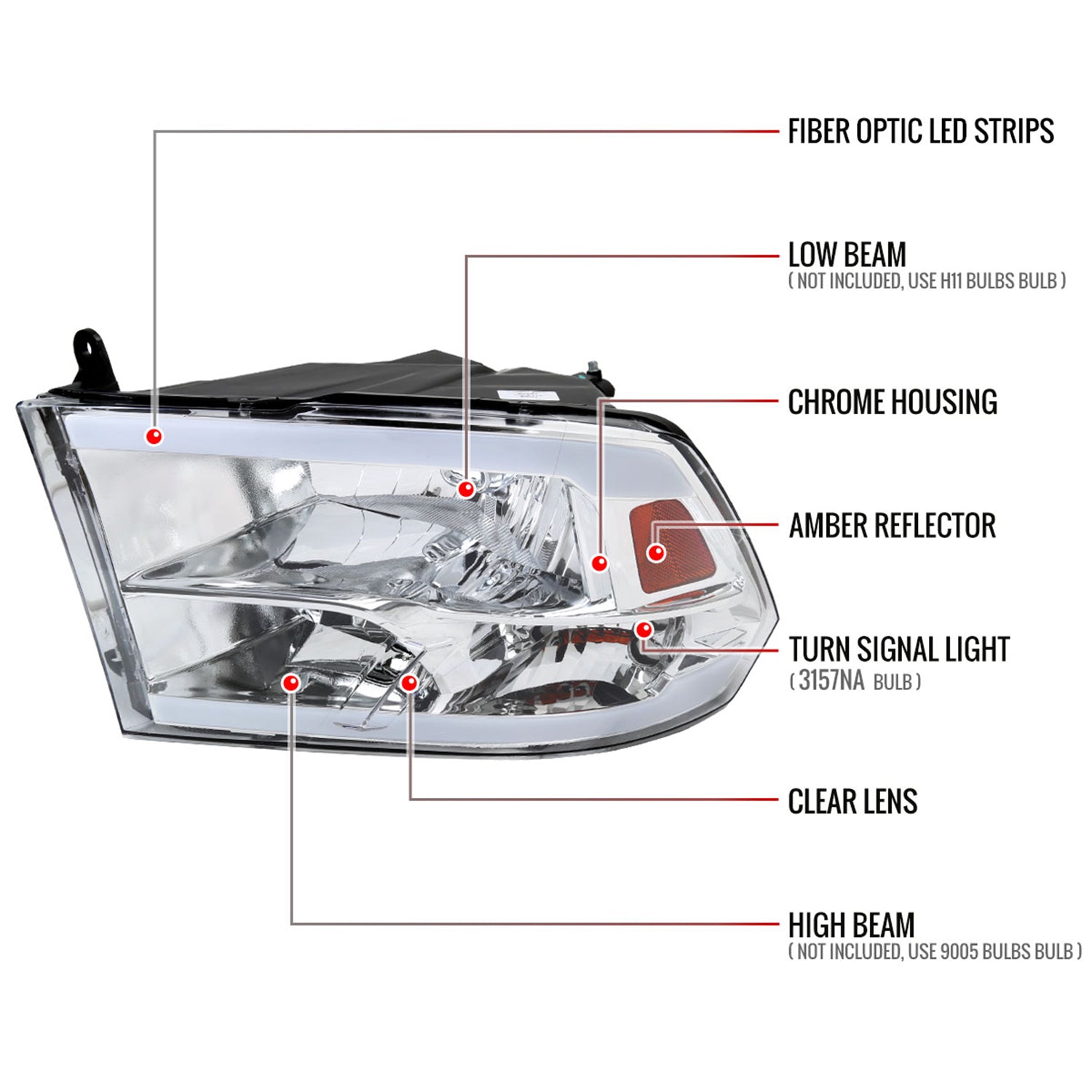 2009-2019 Dodge Ram 1500 2500 3500 Quad Headlights w/LED Tube Chrome/Clear