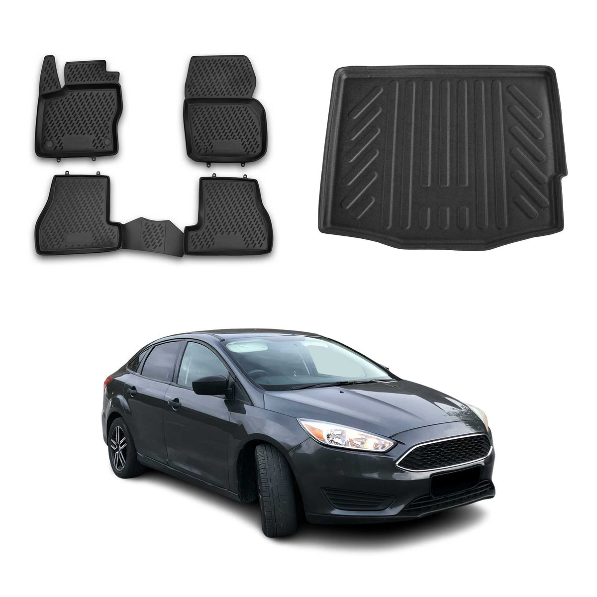 OMAC Floor Mats & Cargo Liners for Ford Focus Hatchback 2012-2018 Black Rubber