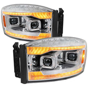 For Dodge RAM 1500 2006-08 / RAM 2500 3500 2006-09 Projector Headlights Amber LED Strips Turn Signals DRL Chrome Housing Clear Lens