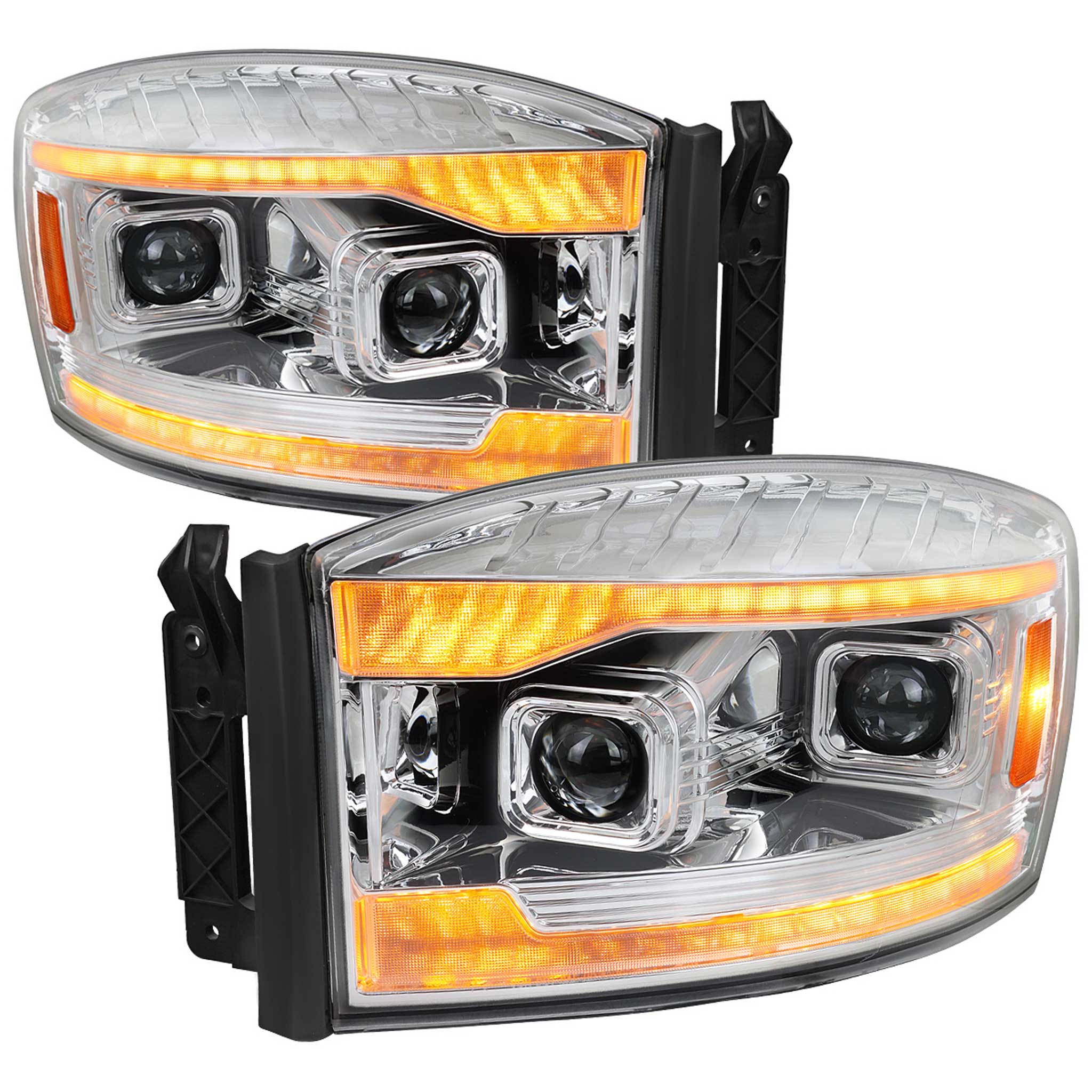 For Dodge RAM 1500 2006-08 / RAM 2500 3500 2006-09 Projector Headlights Amber LED Strips Turn Signals DRL Chrome Housing Clear Lens