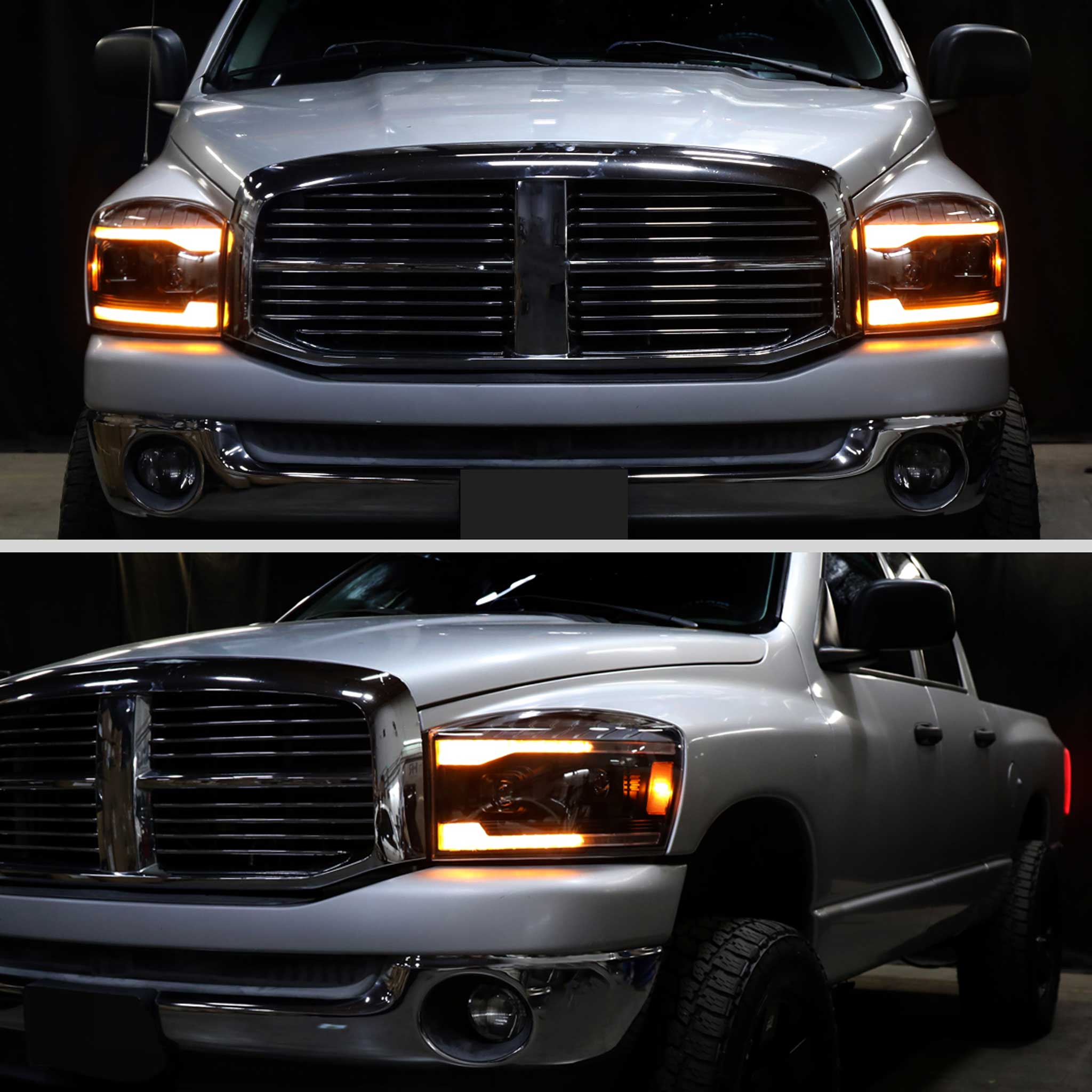 For Dodge RAM 1500 2006-08 / RAM 2500 3500 2006-09 Headlights Switchback Amber LED Strip Turn Signals DRL Black Housing Smoked Lens