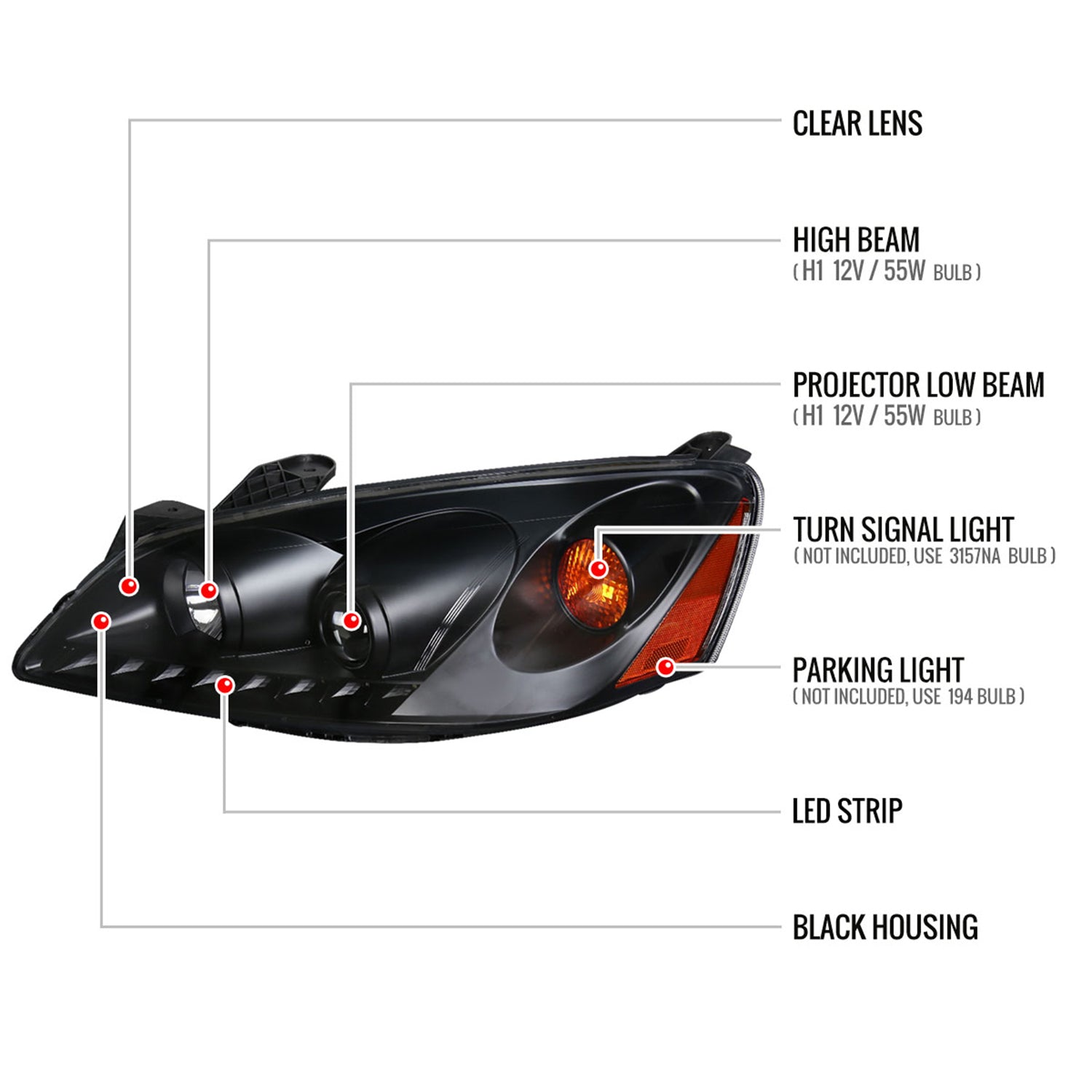 2005-2010 Pontiac G6 Projector Headlights w/ LED Light Strip Matte Black/Clear