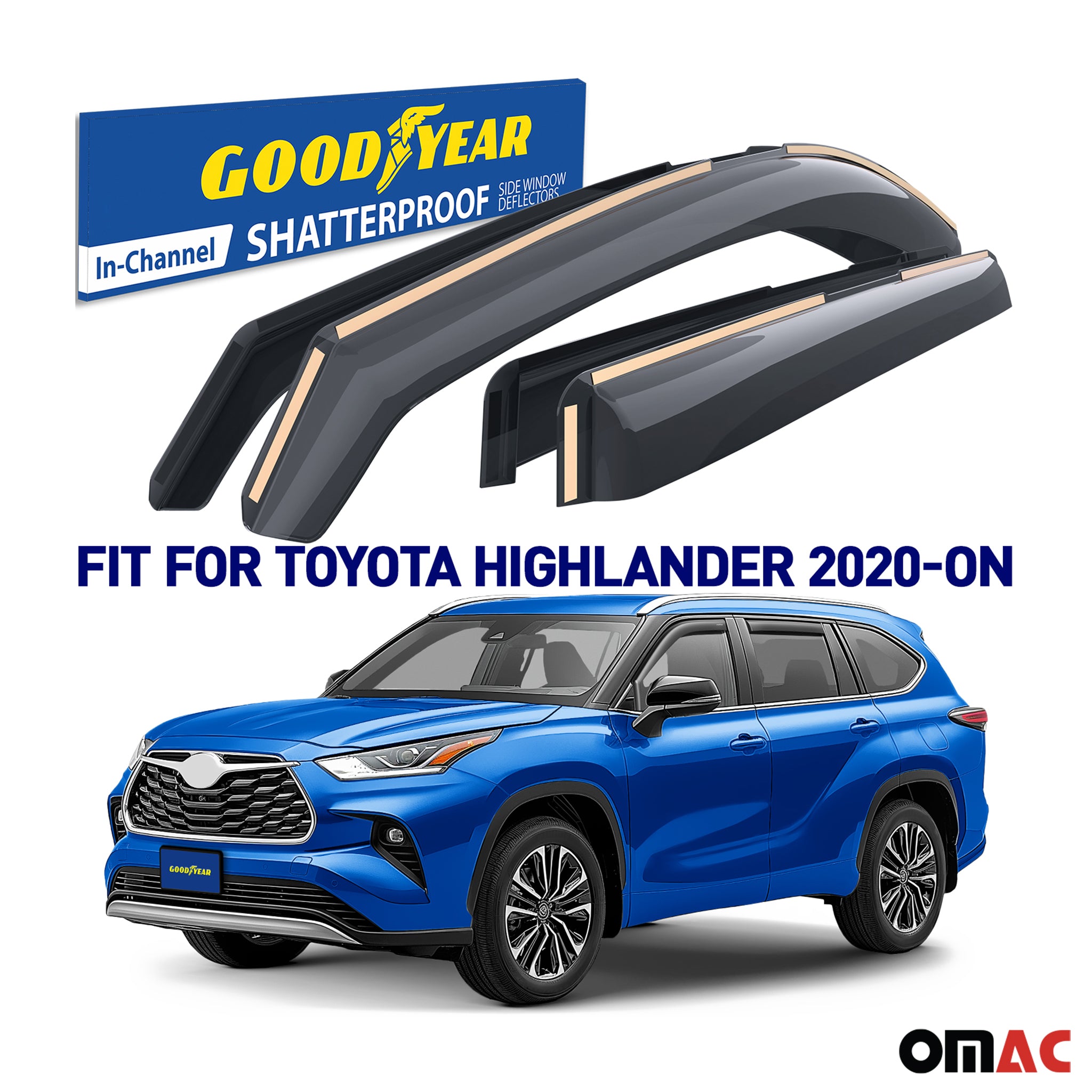 Goodyear Wind Deflectors for Toyota Highlander 2020-2025 In-channel Smoke 4 pcs