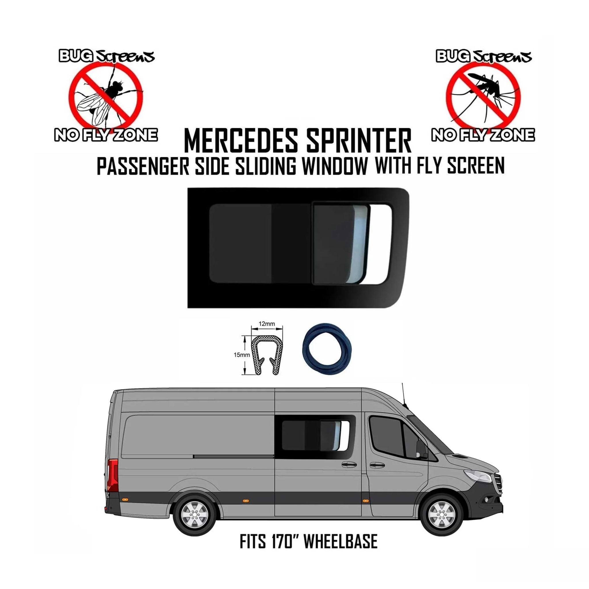 2007-2025 Mercedes Sprinter Sliding Window With Fly Screen Passenger Side