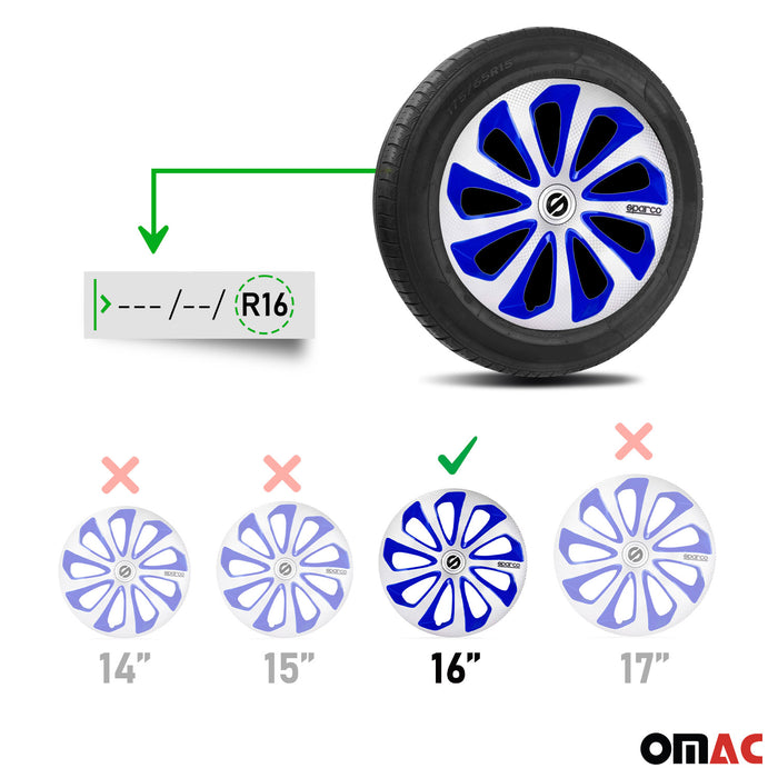 16" Sparco Sicilia Wheel Covers Hubcaps Silver Blue Carbon 4 Pcs
