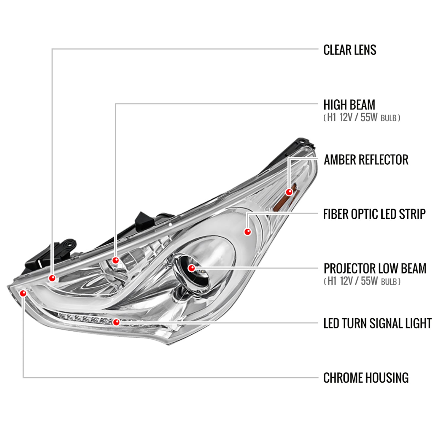 2012-2017 Hyundai Veloster LED Light Bar Headlight Signal Lights Chrome