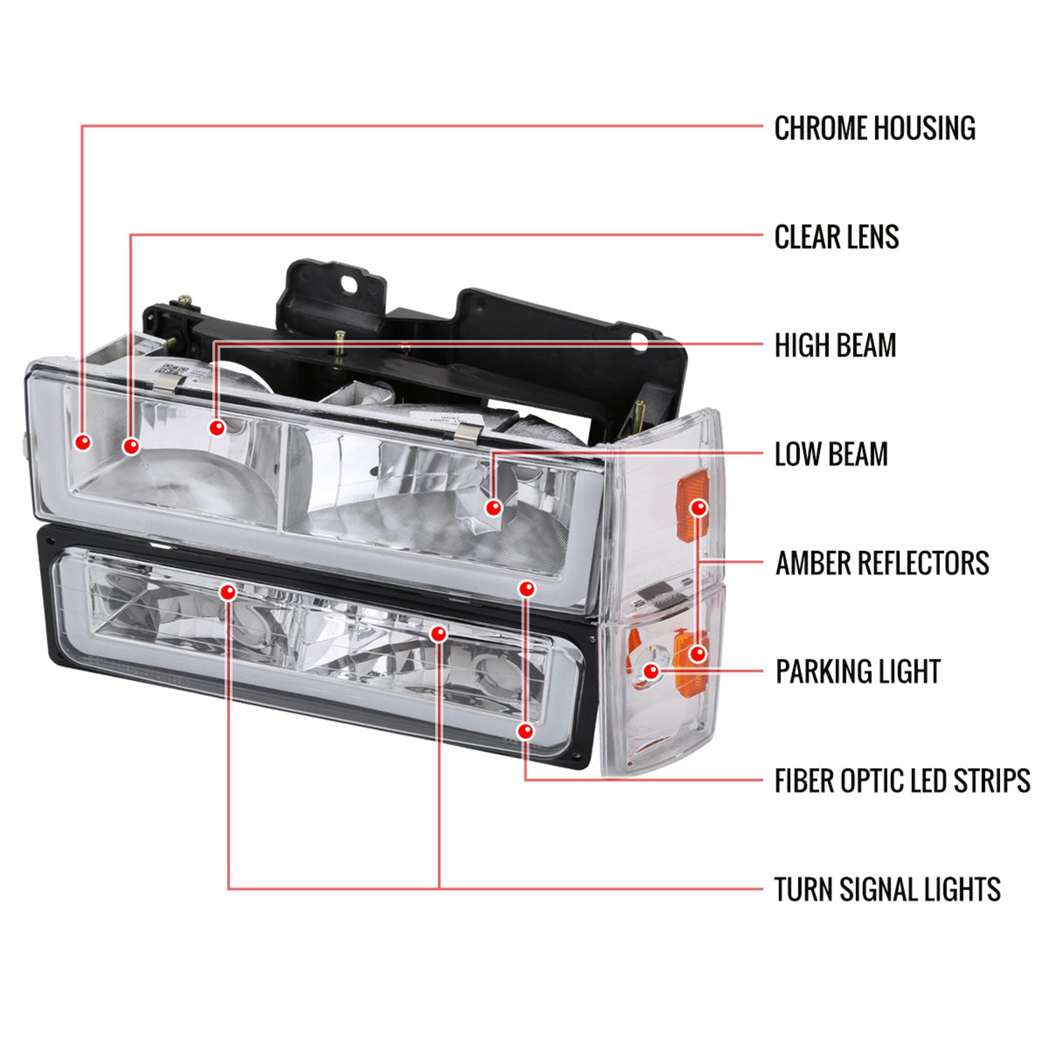 1988-1993 Chevy C10 C/K Sierra Tahoe LED Tube Factory Headlights Chrome