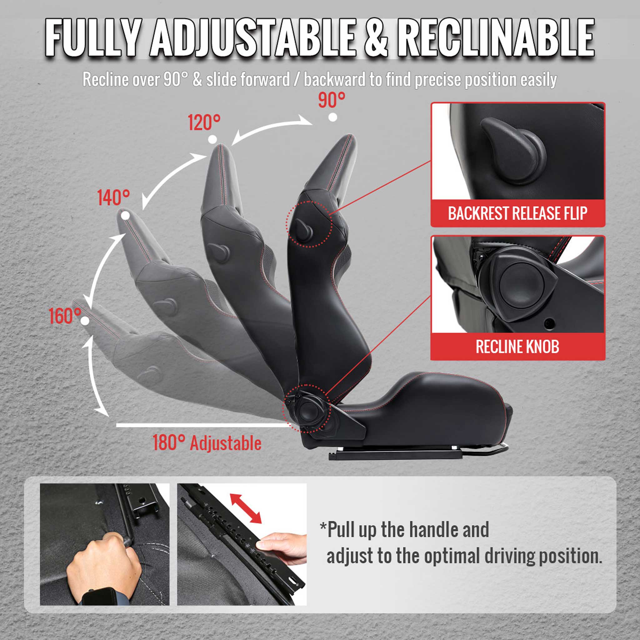 Universal Racing Seat Black Pu Nappa With Double Red Stitch