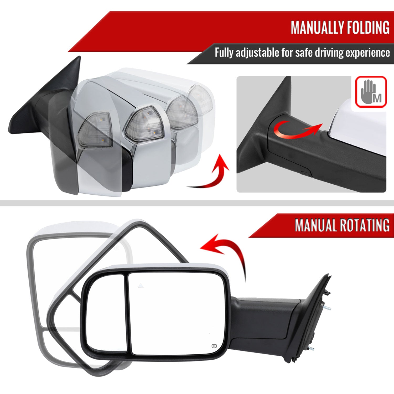 2019-2022 Ram 2500 3500 Chrome Manual Fold & Heated Side Mirror Driver Side