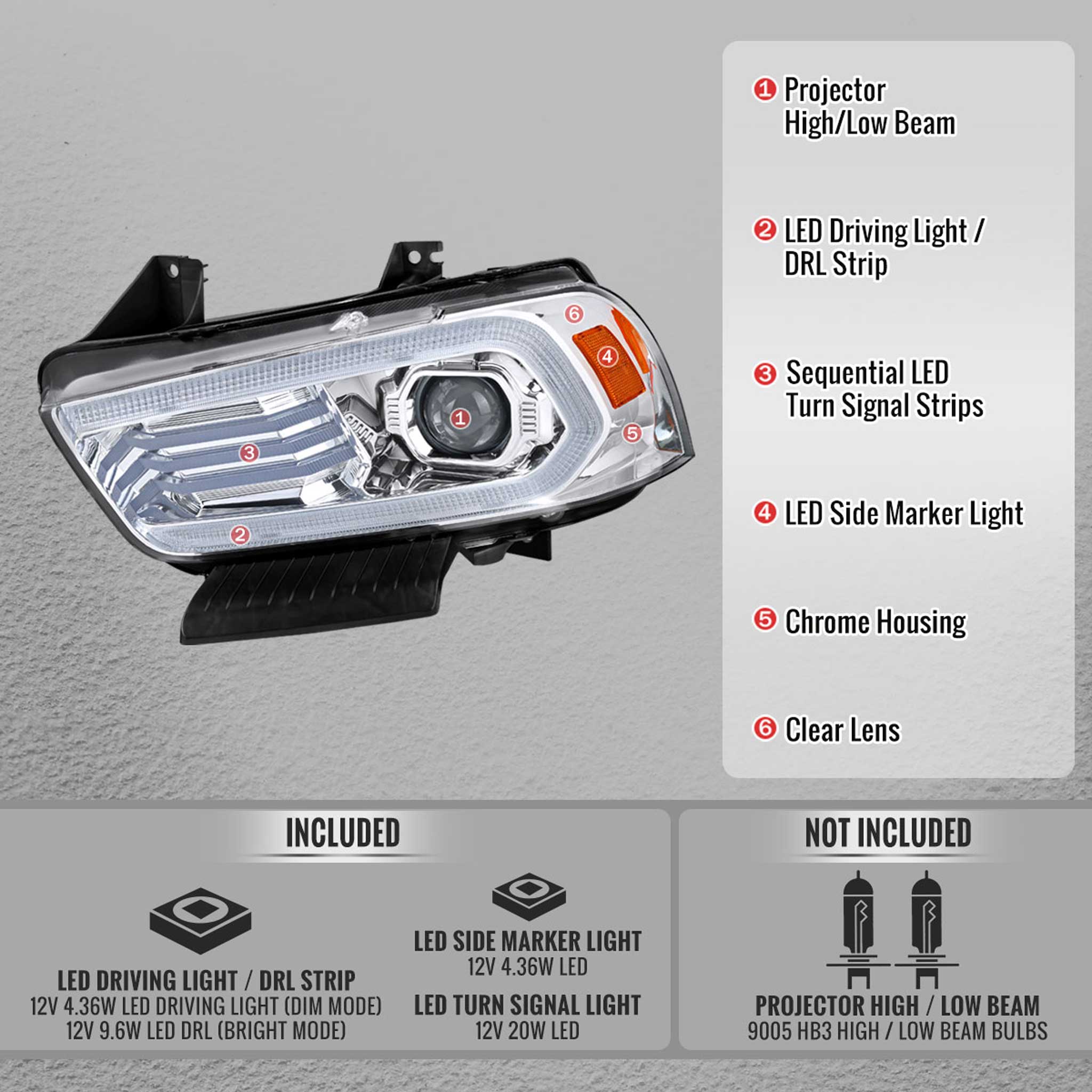 For Dodge Charger 2011-2014 Headlights LED DRL Light Strip Turn Signal Side Marker Chrome Housing Clear Lens