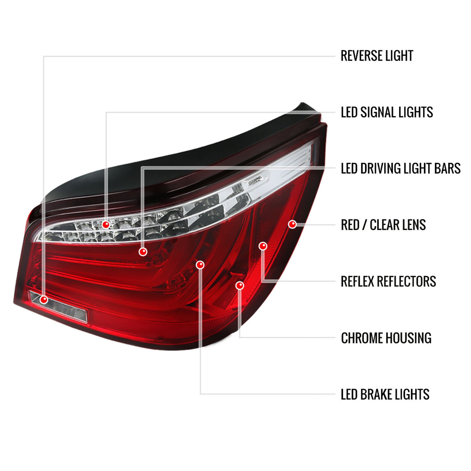 2008-2010 BMW E60 5 Series Sedan LED Tail Lights Chrome Housing/Red Lens
