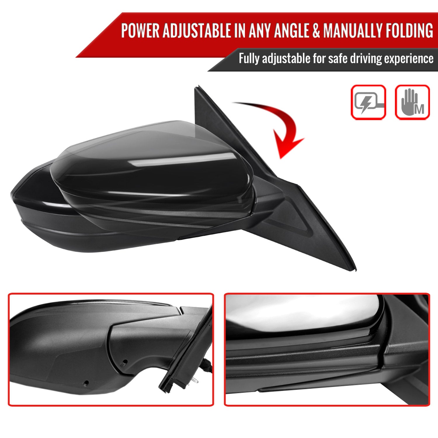 2016-2020 Honda Civic Passenger/Right 3Pin Glossy Black Adjustable Side Mirror