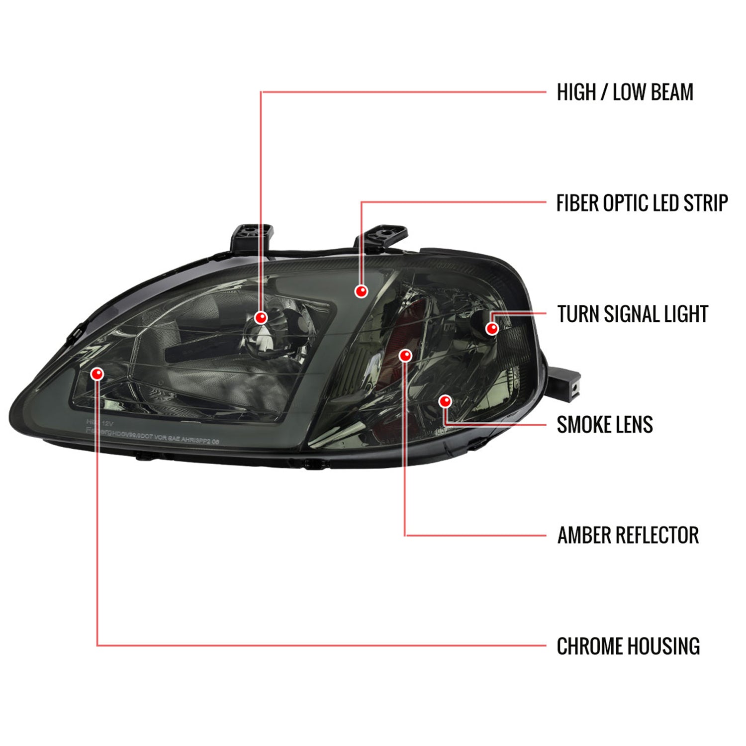 1999-2000 Honda Civic Coupe/SD LED Bar Factory Style Headlights Chrome/Smoke