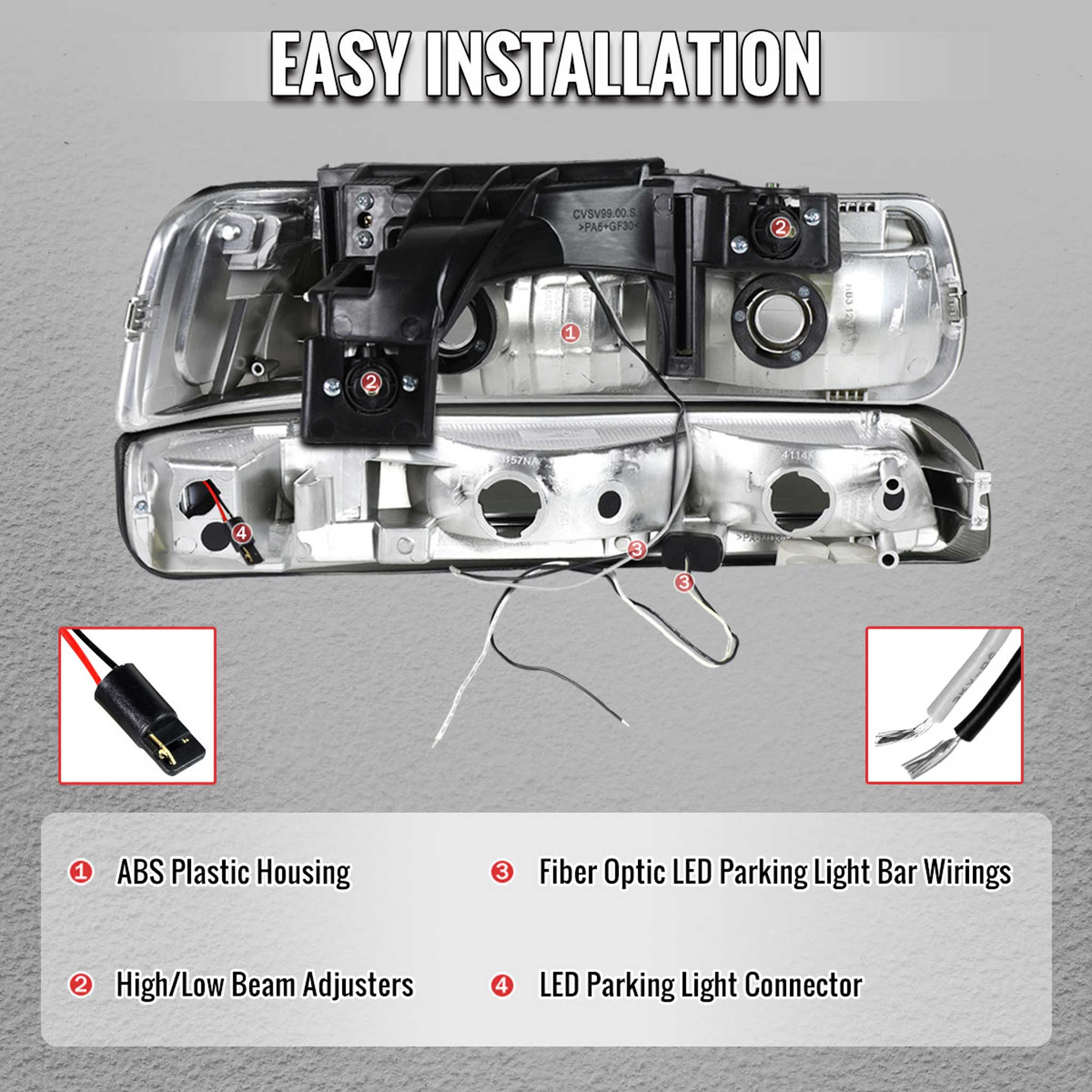 For Chevrolet Silverado Tahoe Suburban 1999-2002 LED Bar Style Headlights Bumper Light Chrome Housing Smoked Lens