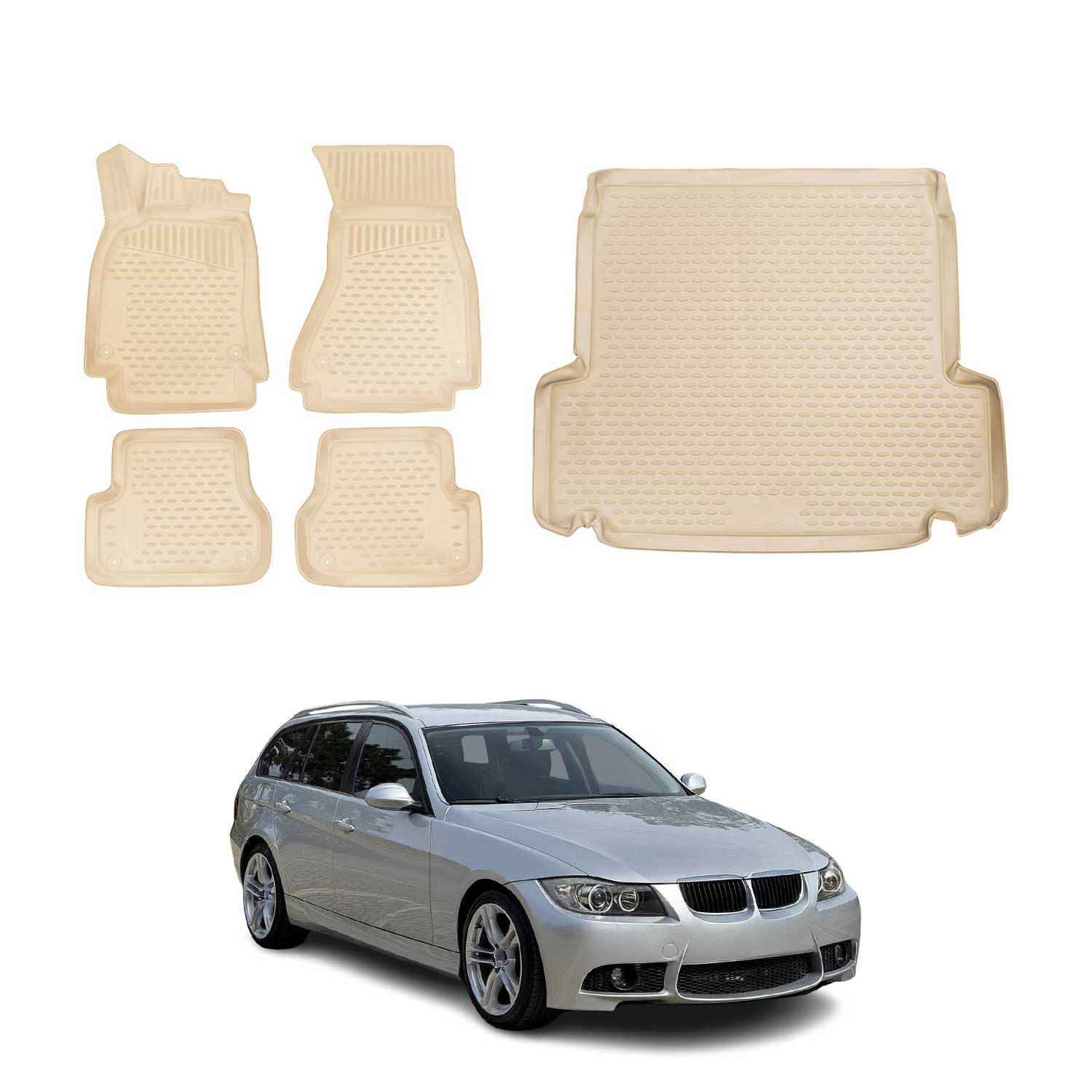 2006-2011 BMW 3 Series E91 Touring Floor Mats & Cargo Liner Full Set All Weather Beige