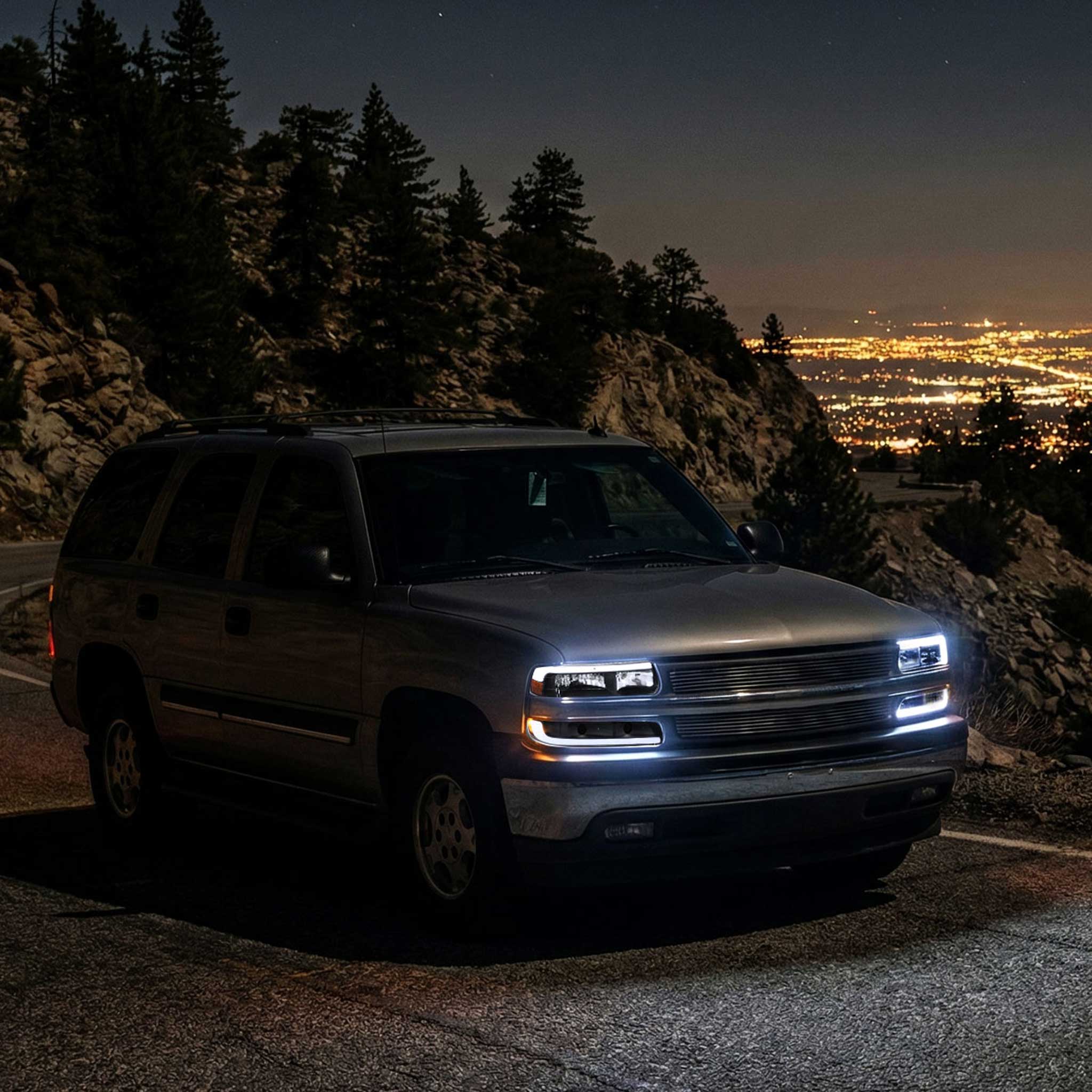 For Chevrolet Silverado Tahoe Suburban 1999-2002 LED Bar Style Headlights Bumper Light Matte Black Housing Clear Lens