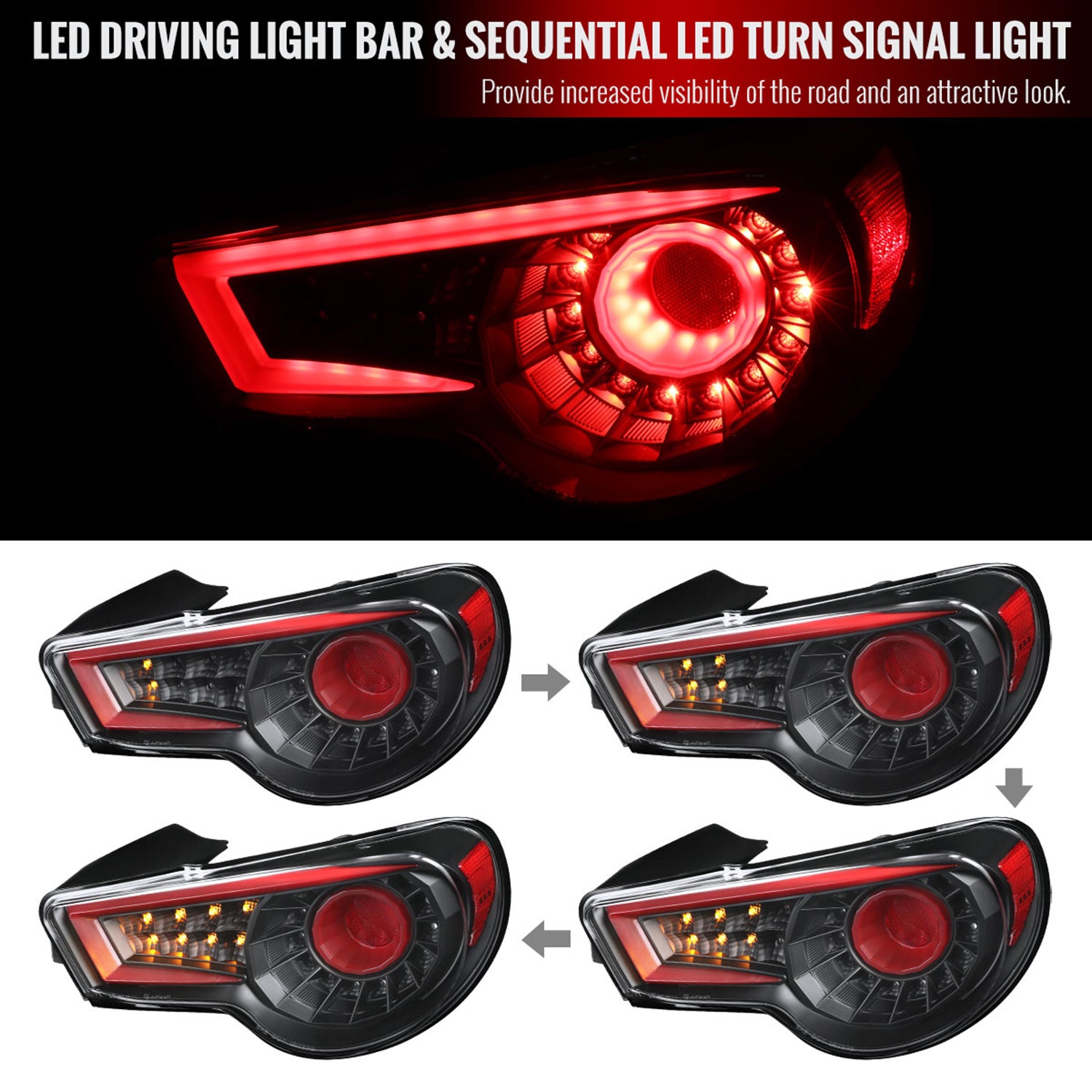 2012-2016 Scion FRS/ Subaru BRZ/ Toyota 86 Red Bar LED Tail Lights Satin Black