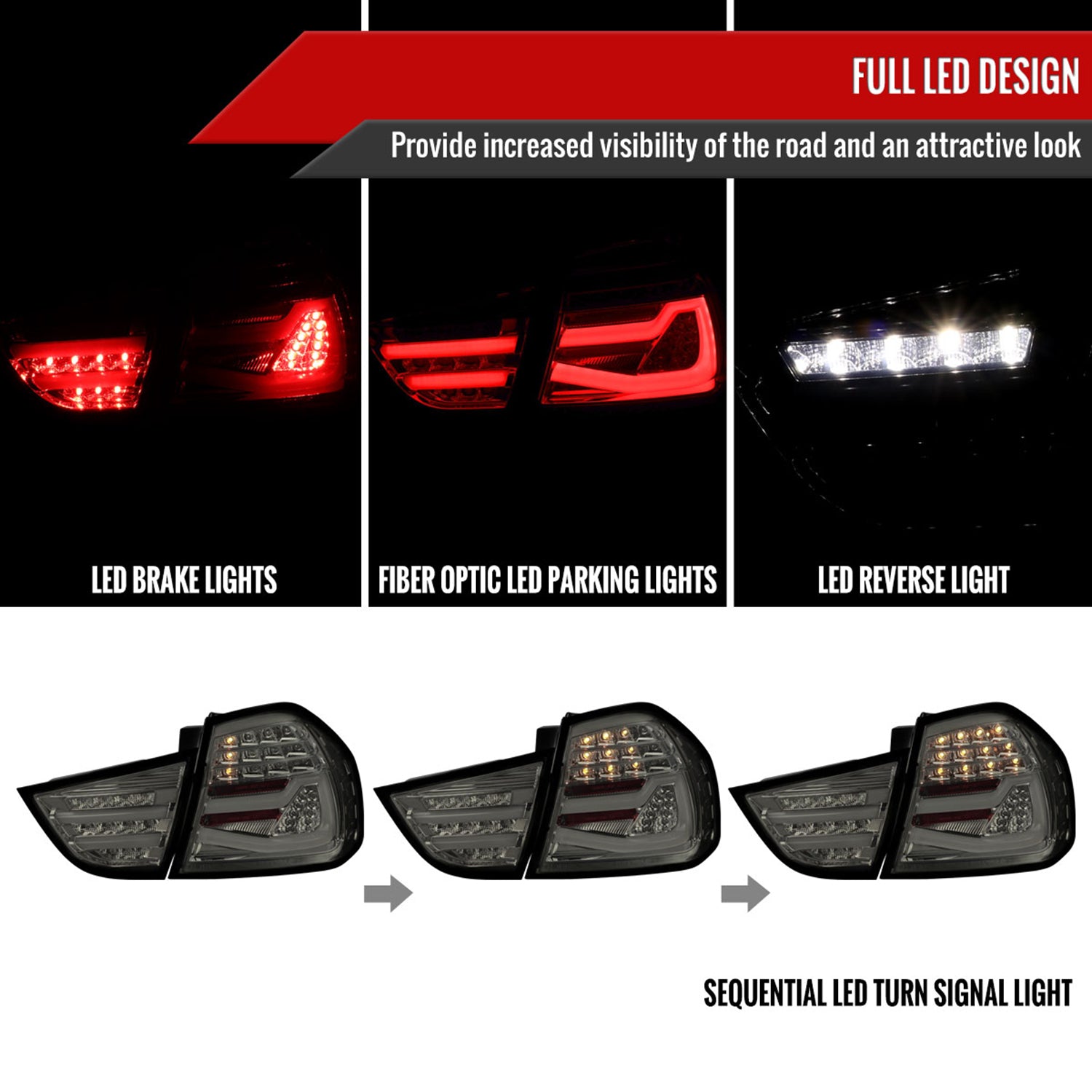 2009-2011 BMW E90 3-Series 4Dr Sedan Red LED Tail Light Chrome/Smoke Lens