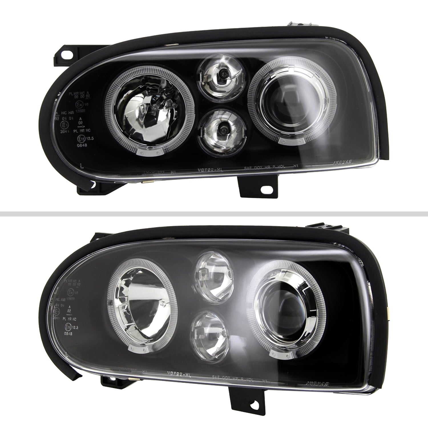 1993-1998 VW Golf Mk3/Cabrio Dual Halo Projector Headlights Matt Black/Clear