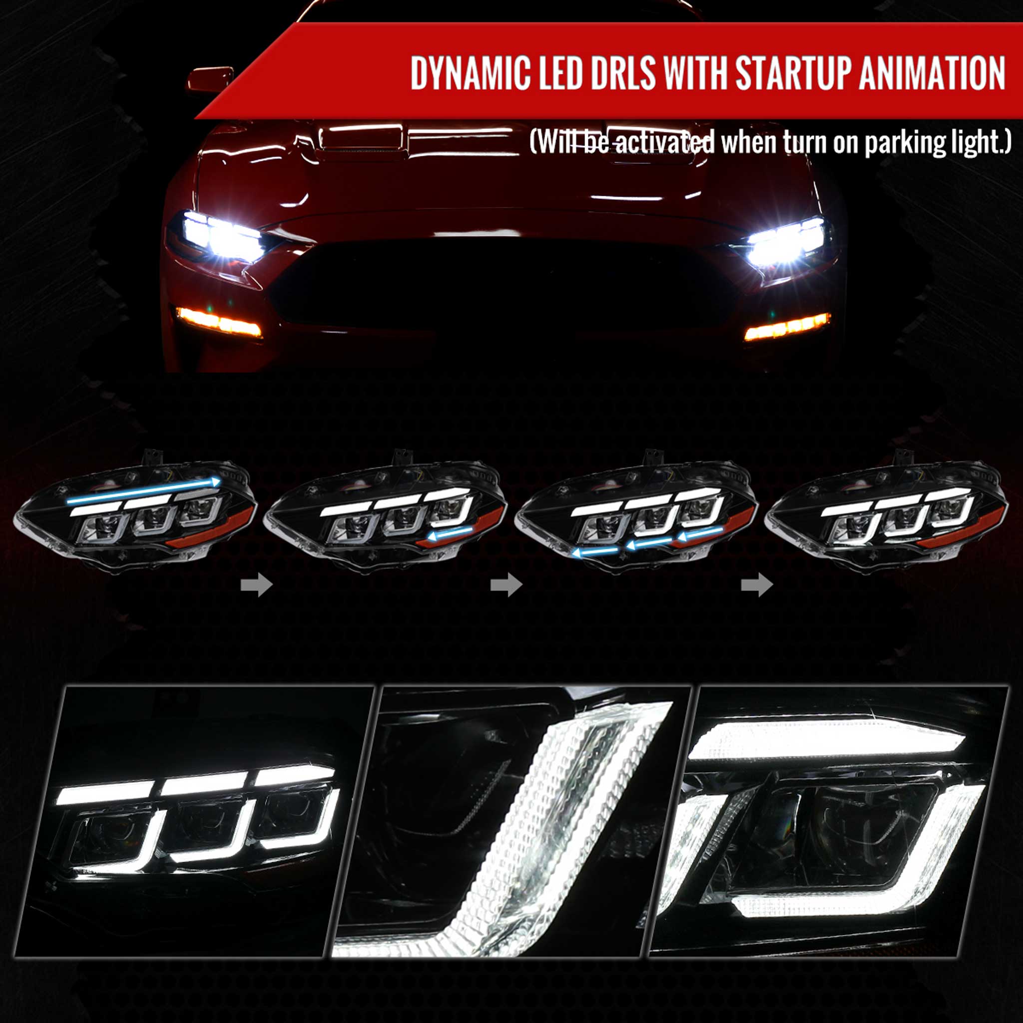 For Ford Mustang 2018-2023 Full LED Projector Headlights Sequential Start Up Black Housing Clear Lens