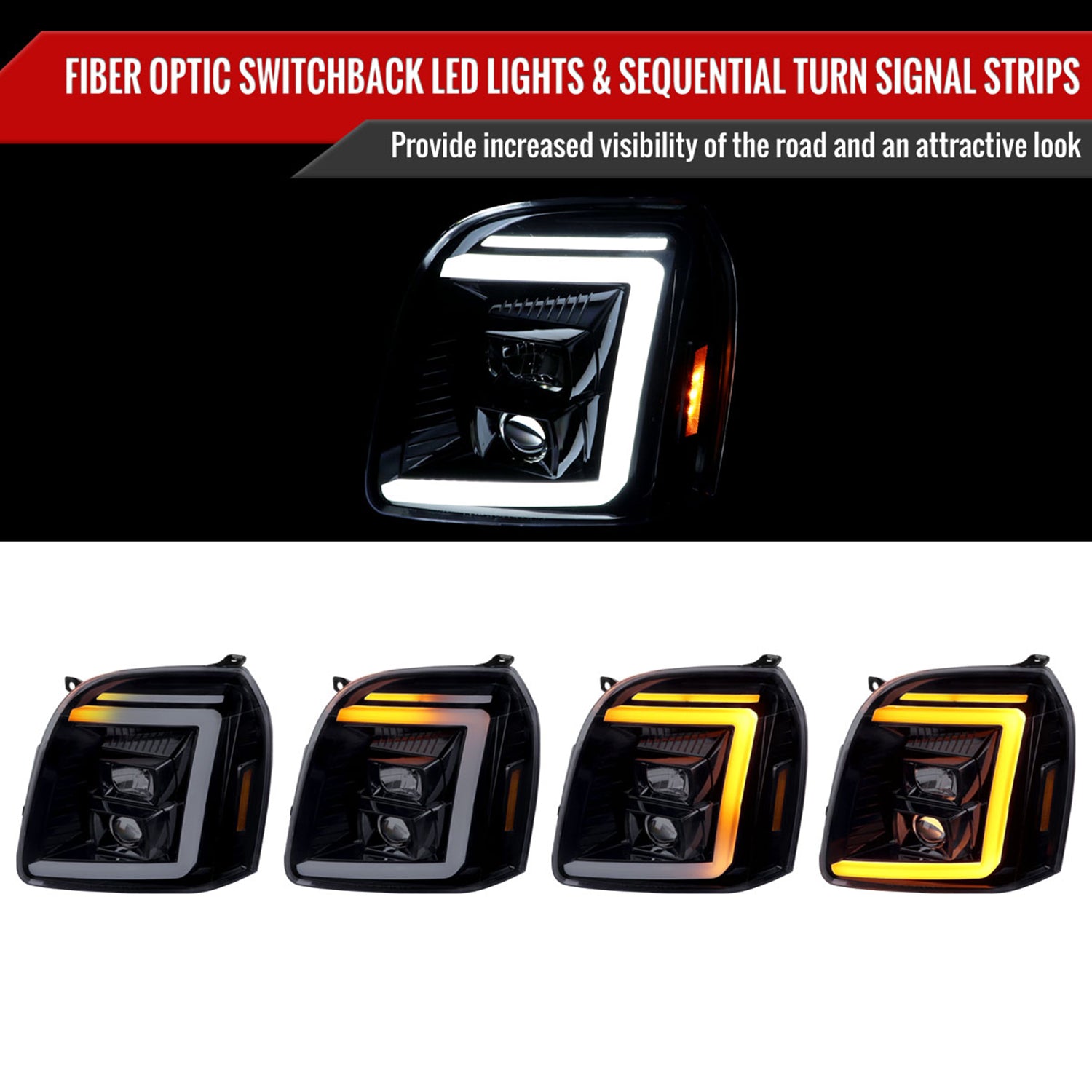 2007-2014 GMC Yukon/XL 1500/XL 2500 LED Turn Signal Projector Headlights Smoke