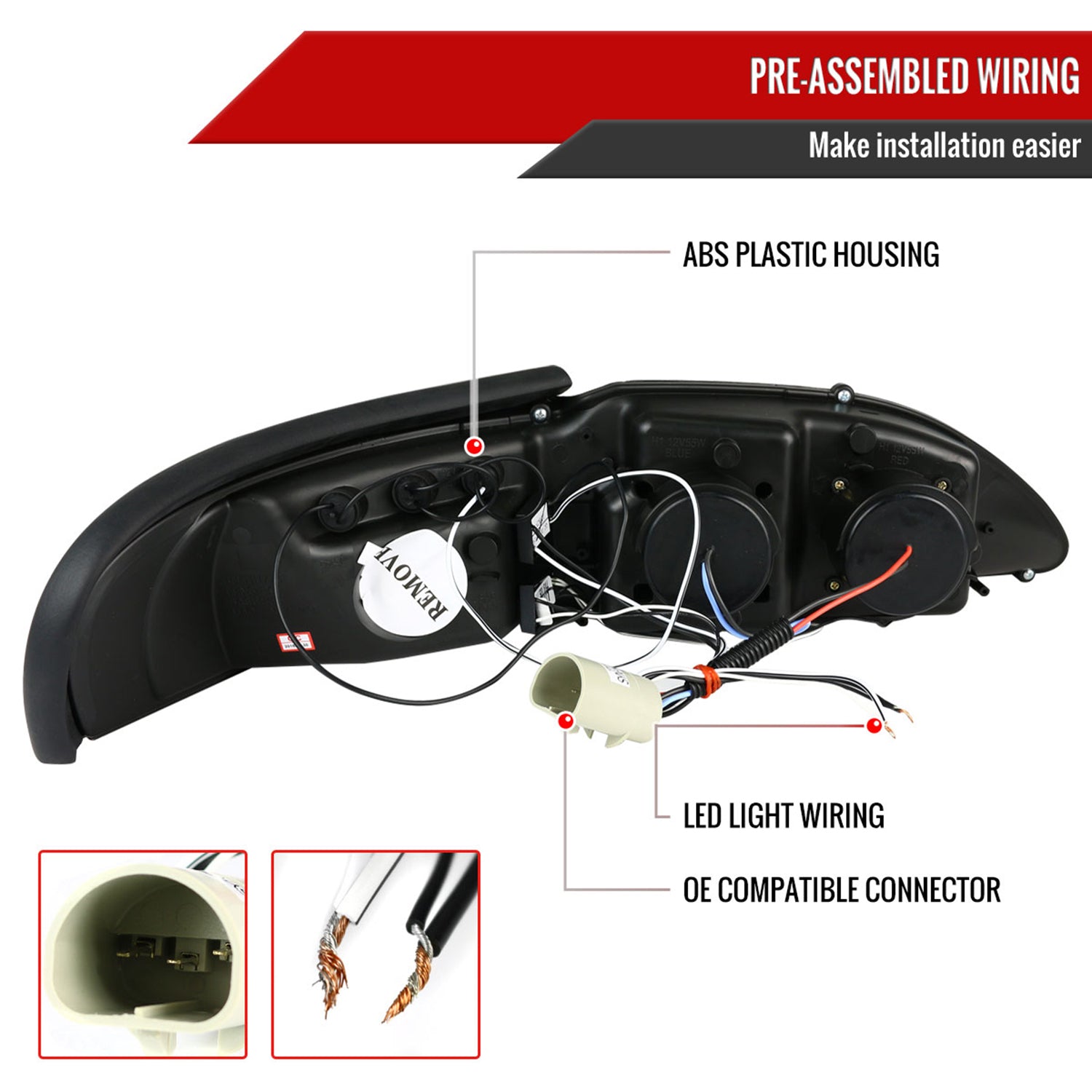 1994-1998 Ford Mustang Dual Halo Projector Headlights Matte Black/Clear Lens