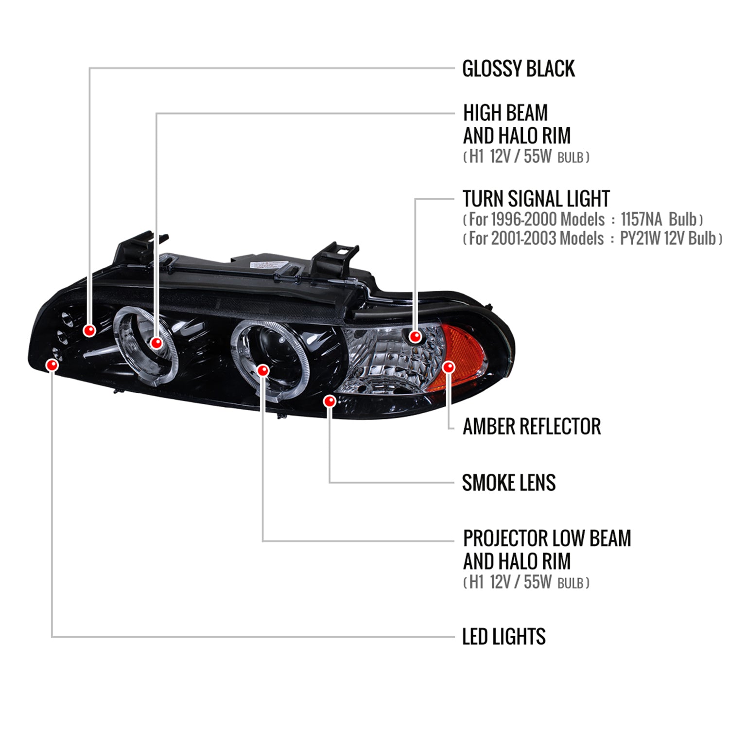 1996-2003 BMW E39 5 Series Dual Halo Projector Headlights Glossy Black/Smoke